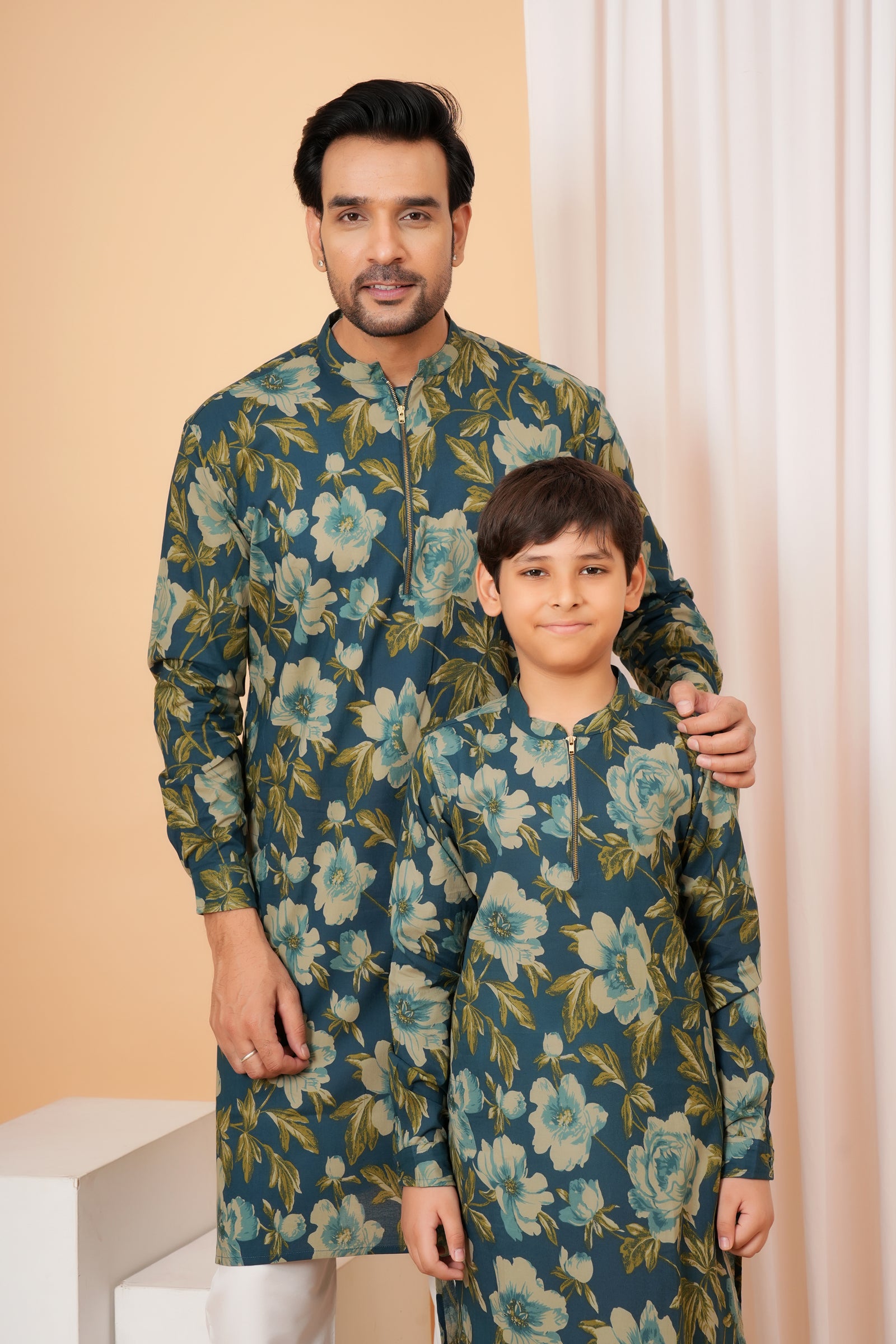 Navy Blue Floral Print Kurta Baap Beta Duo