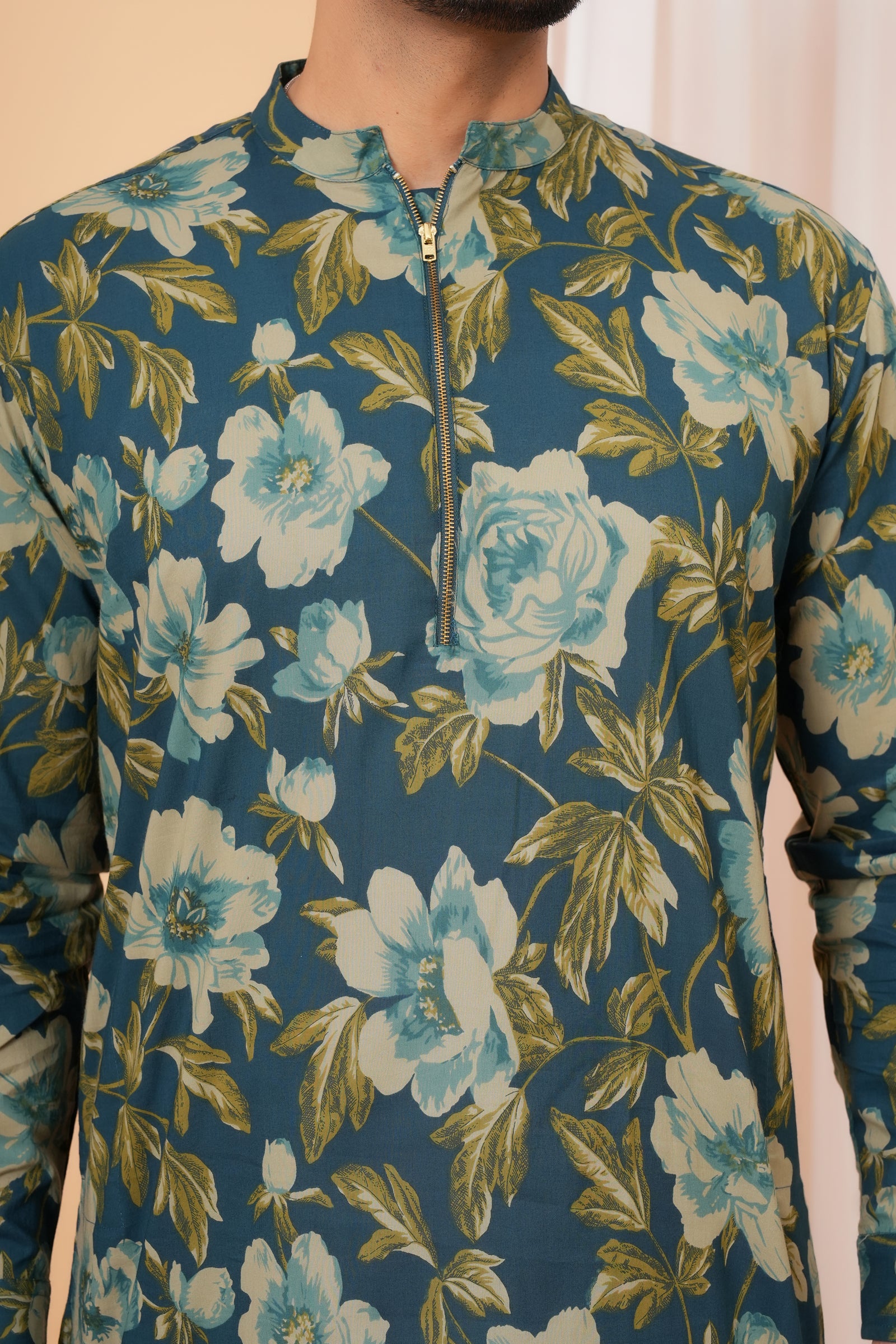 Navy Blue Floral Print Kurta Baap Beta Duo