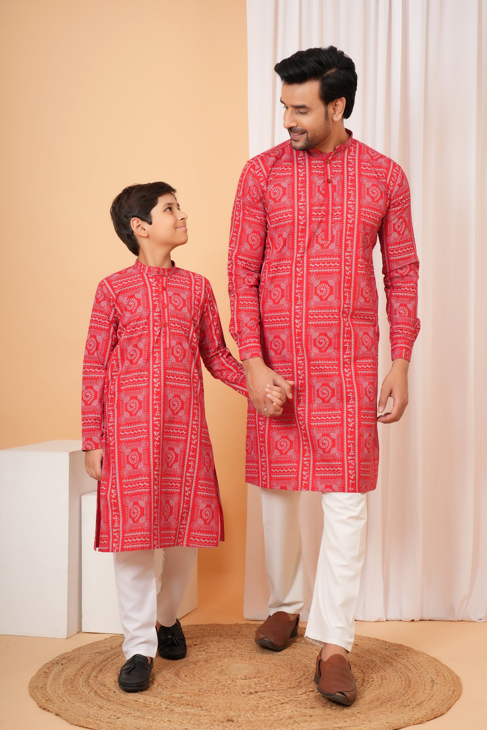 Traditional Tribal Pattern Folk Print Ethnic Cotton Kurta for Baap Beta Duo - Coral Red