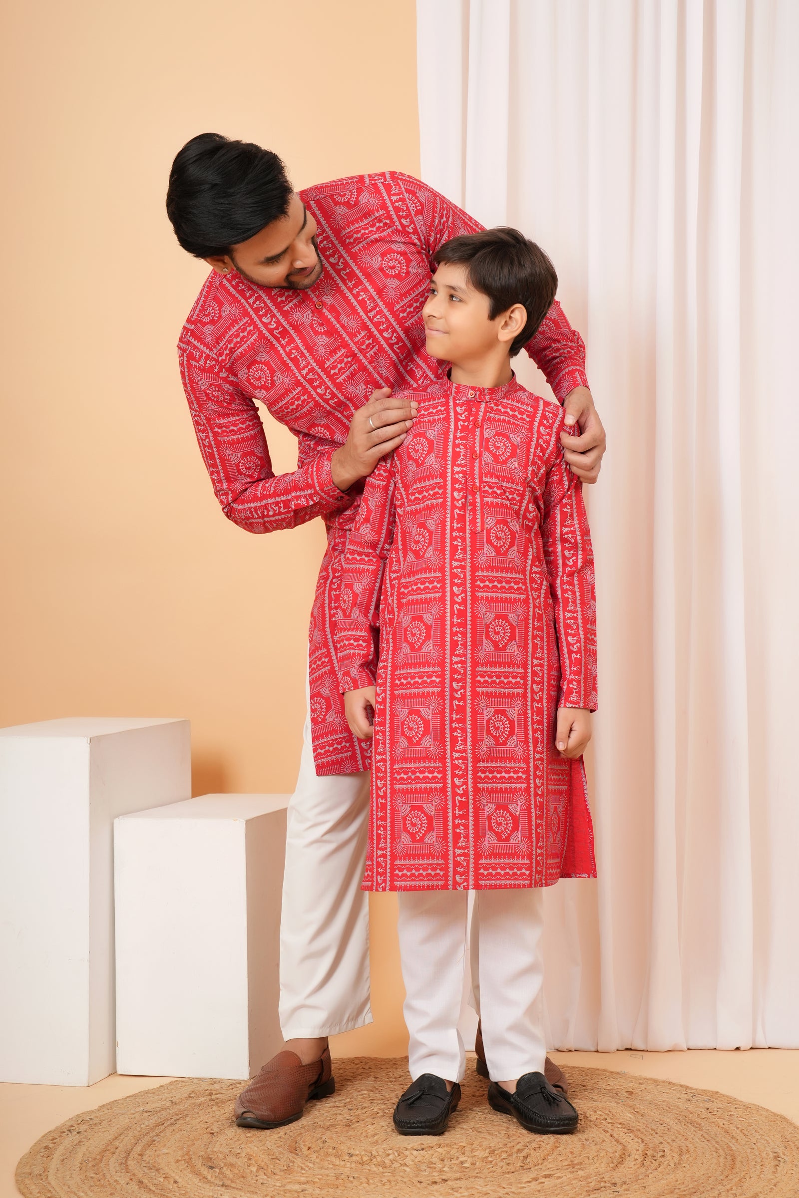 Traditional Tribal Pattern Folk Print Ethnic Cotton Kurta for Baap Beta Duo - Coral Red