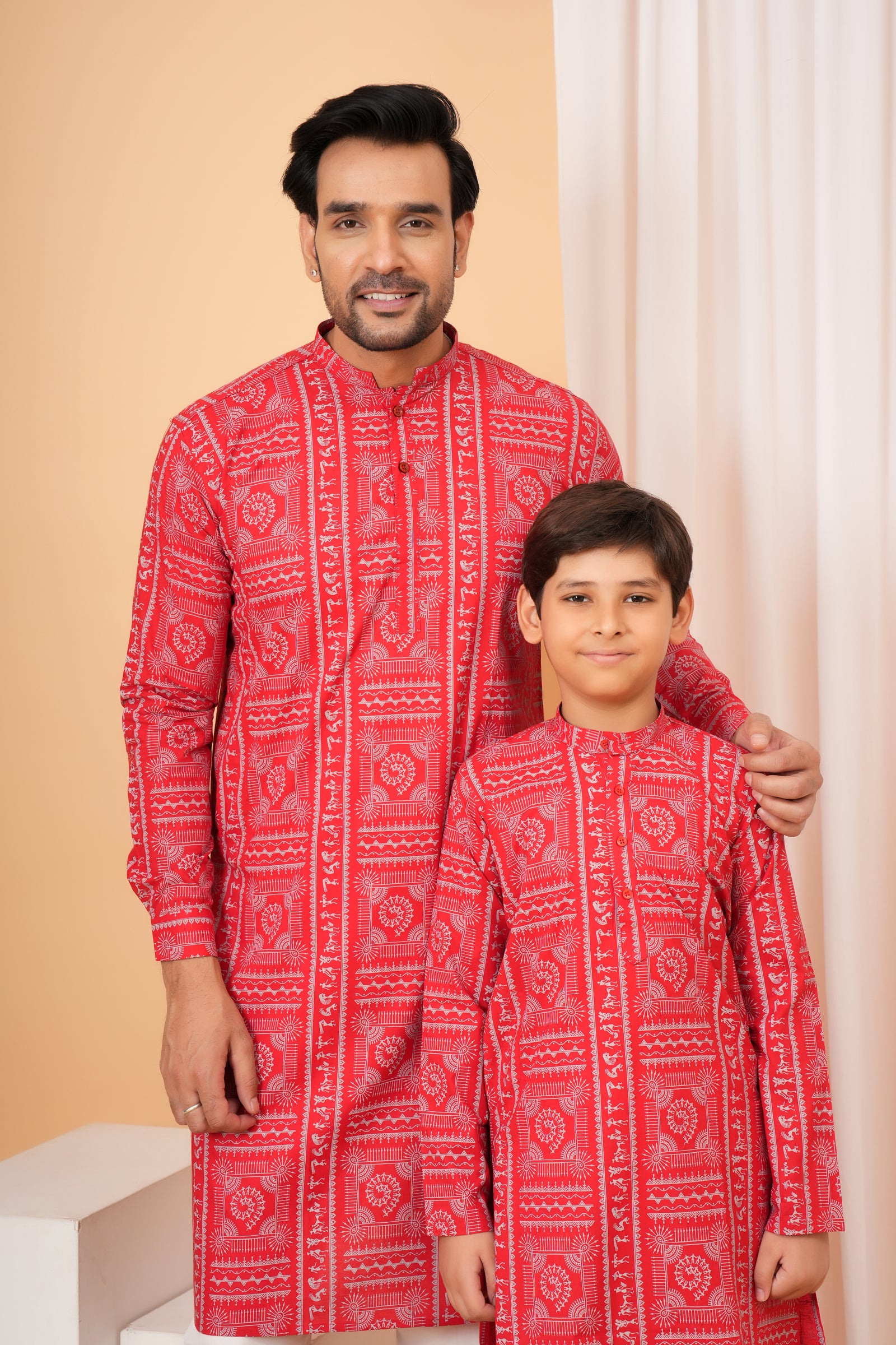 Traditional Tribal Pattern Folk Print Ethnic Cotton Kurta for Baap Beta Duo - Coral Red