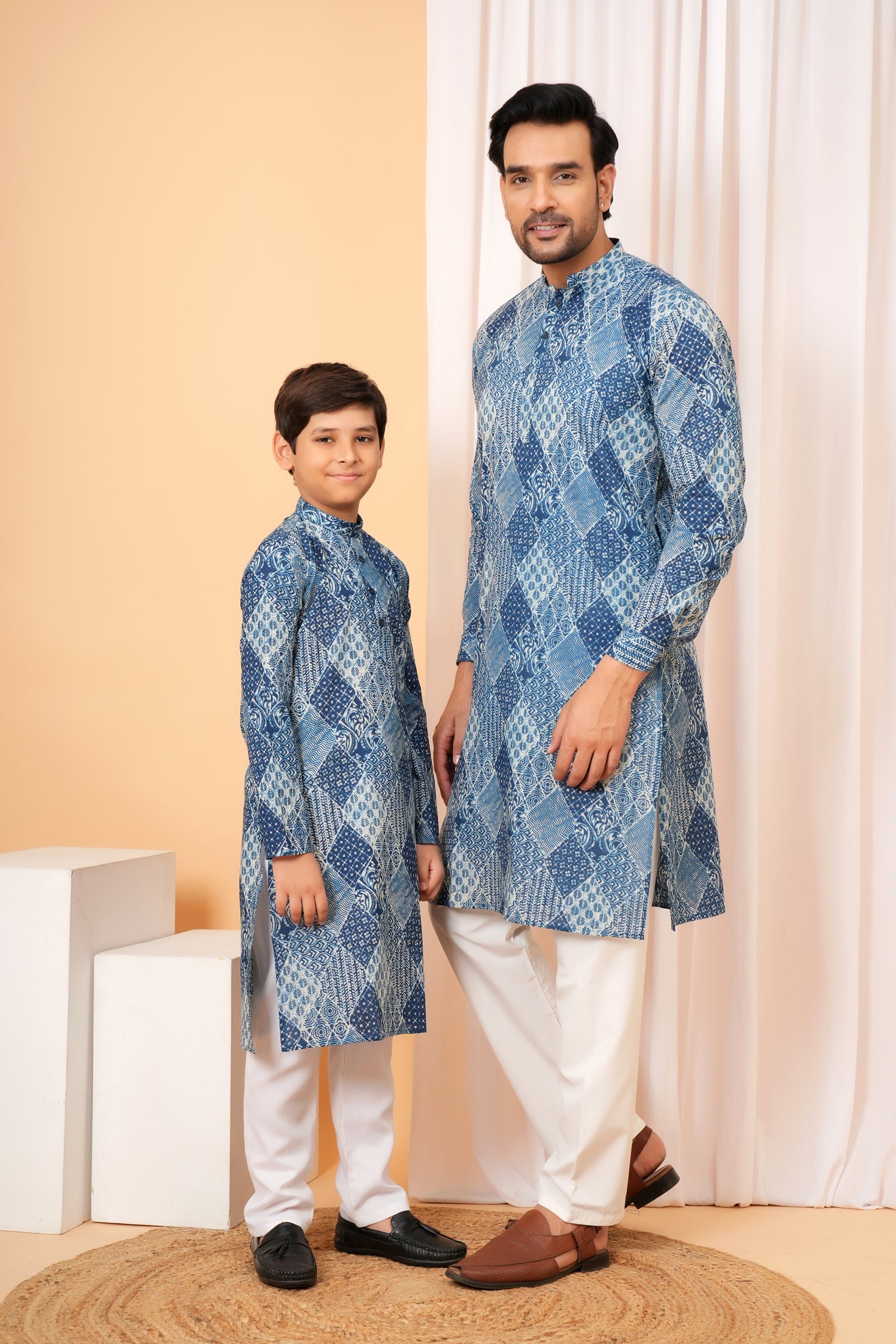 Traditional Patchwork Geometric Pattern Ethnic Cotton Kurta for Baap Beta Duo - Indigo