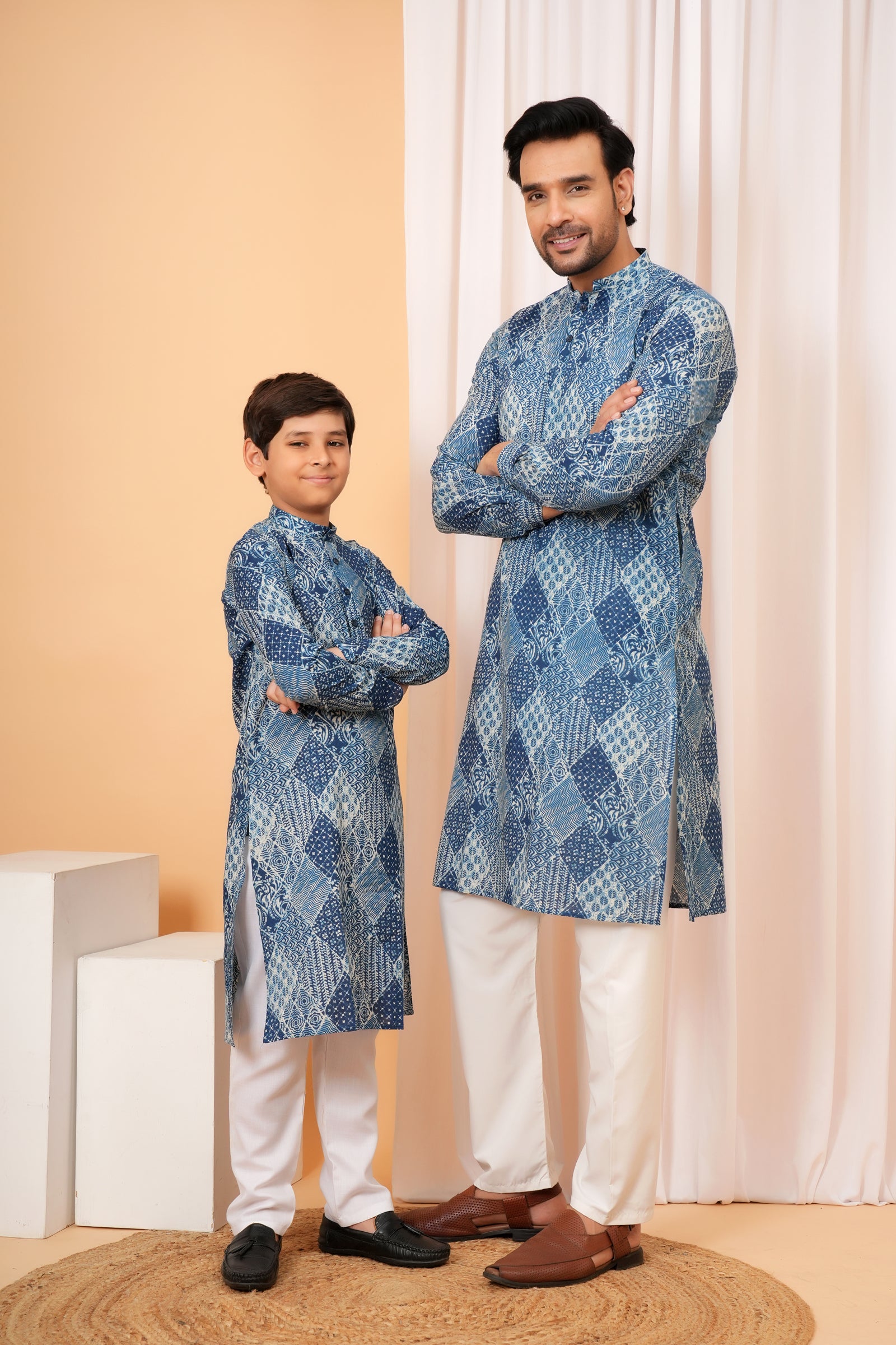 Traditional Patchwork Geometric Pattern Ethnic Cotton Kurta for Baap Beta Duo - Indigo