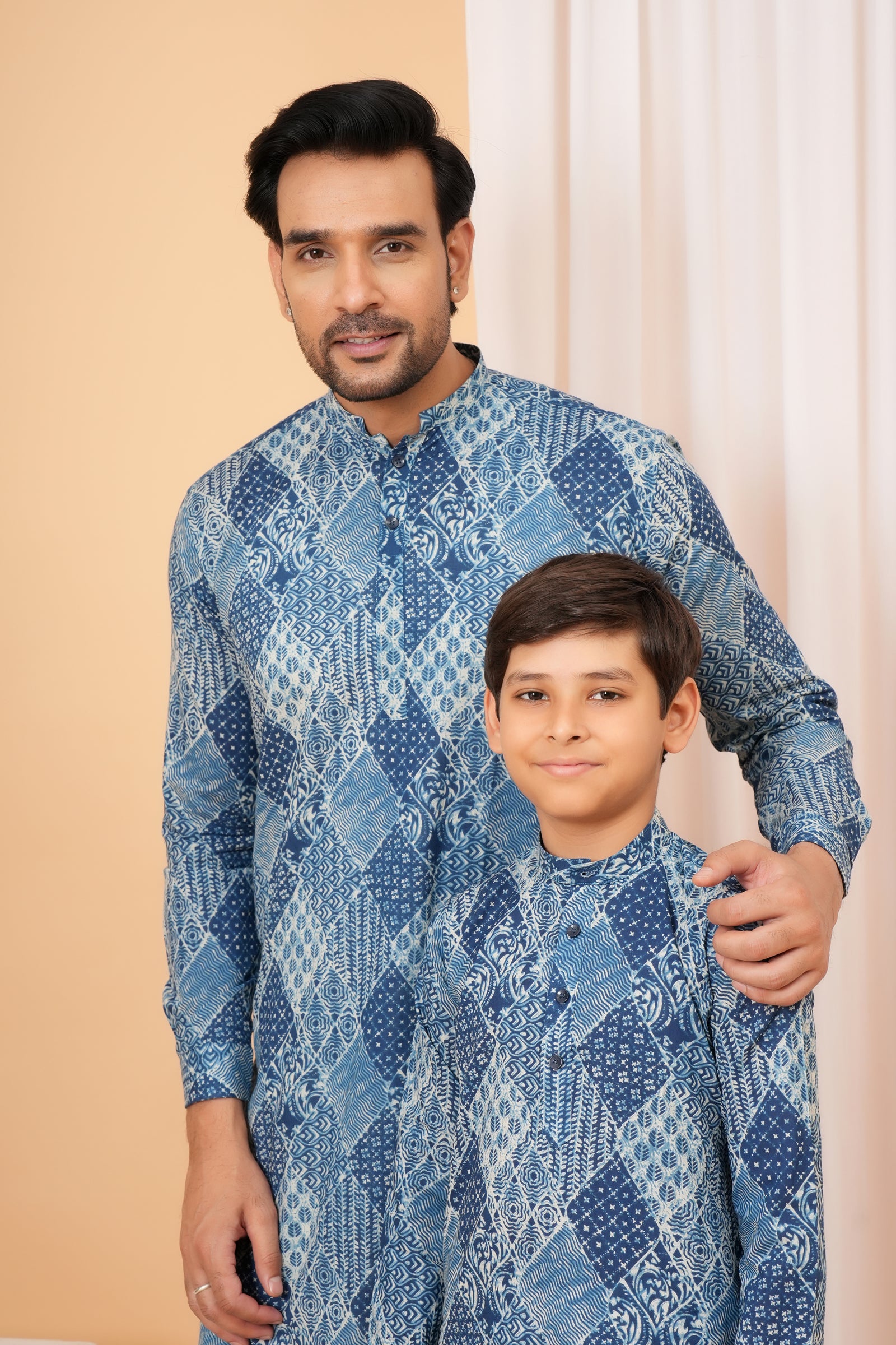 Traditional Patchwork Geometric Pattern Ethnic Cotton Kurta for Baap Beta Duo - Indigo