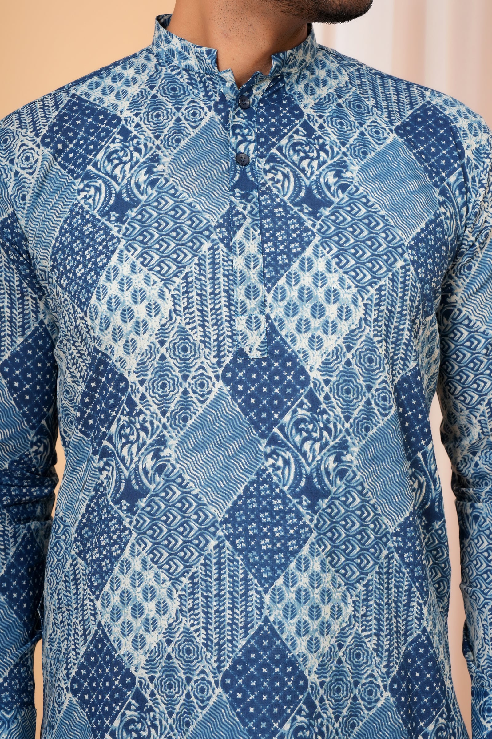 Traditional Patchwork Geometric Pattern Ethnic Cotton Kurta for Baap Beta Duo - Indigo
