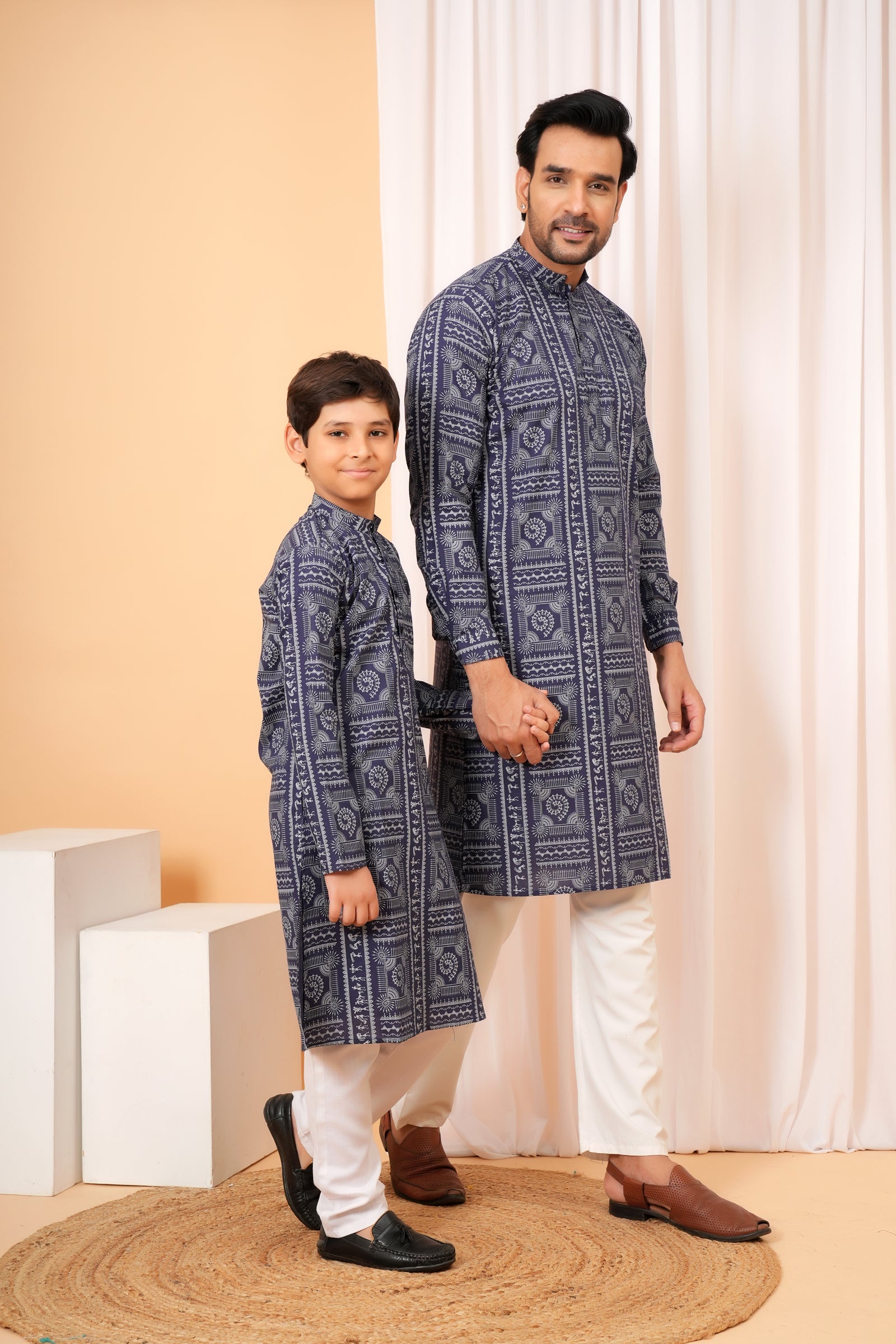 Traditional Tribal Pattern Folk Print Ethnic Cotton Kurta for Baap Beta Duo - Indigo