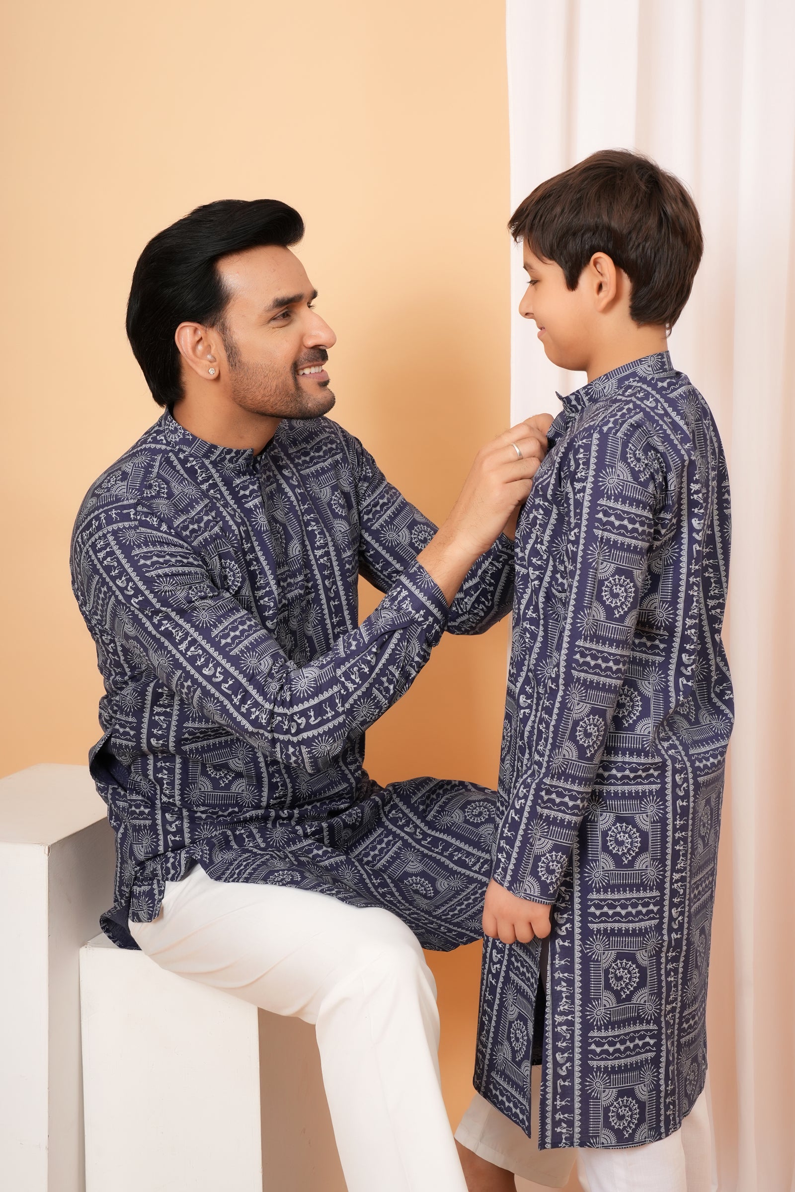 Traditional Tribal Pattern Folk Print Ethnic Cotton Kurta for Baap Beta Duo - Indigo