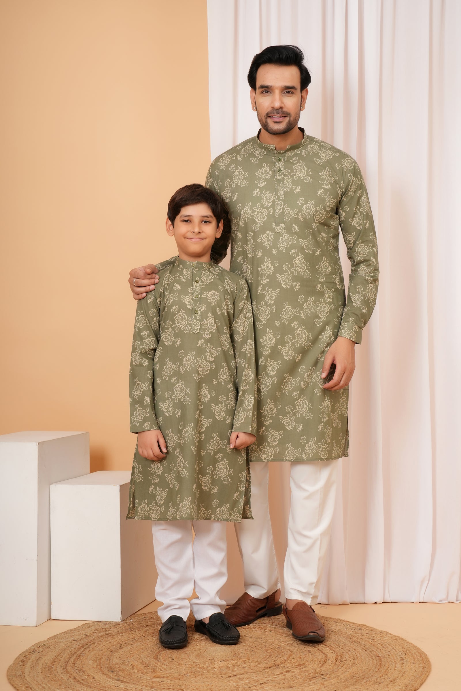 Traditional All Over Floral Printed Ethnic Cotton Kurta - Olive Green