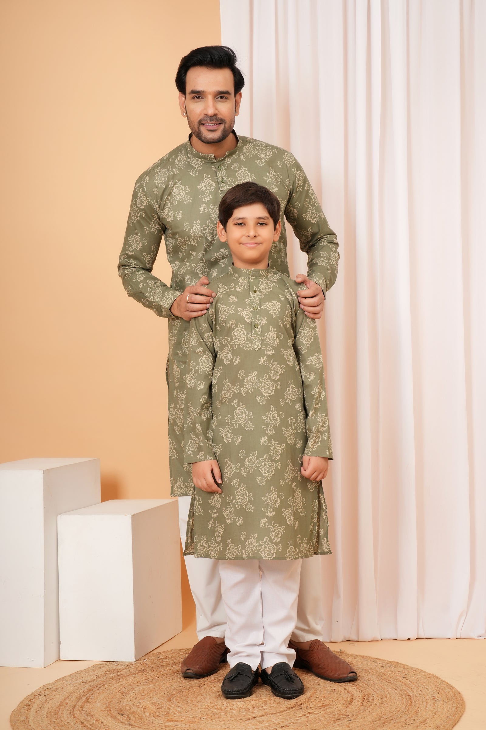 Traditional All Over Floral Printed Ethnic Cotton Kurta - Olive Green