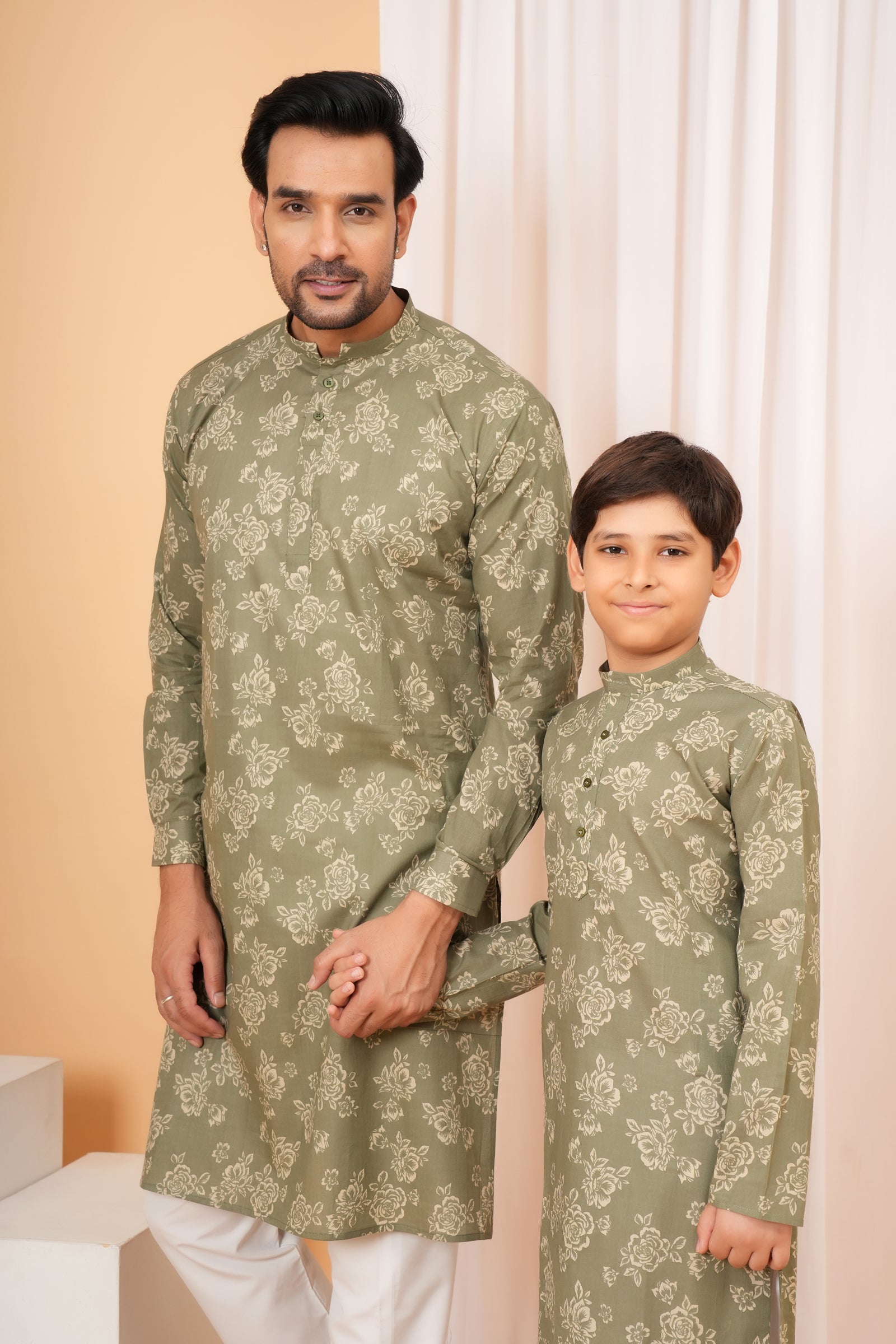 Traditional All Over Floral Printed Ethnic Cotton Kurta - Olive Green