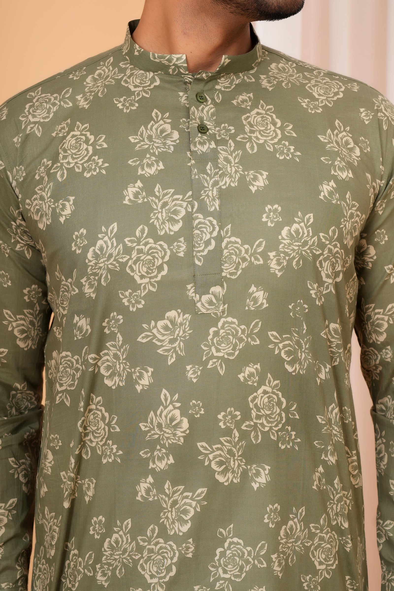 Traditional All Over Floral Printed Ethnic Cotton Kurta - Olive Green