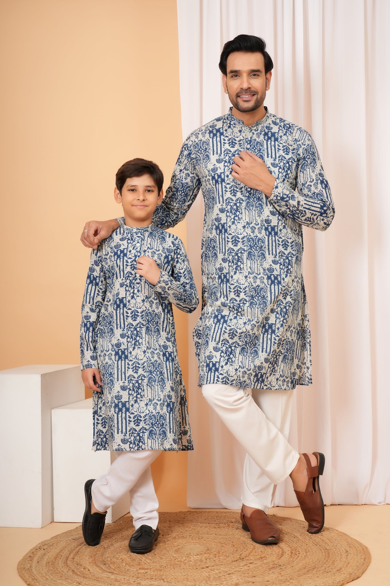 Traditional Heritage Design Vintage Printed Ethnic Kurta for Baap Beta Duo - Blue