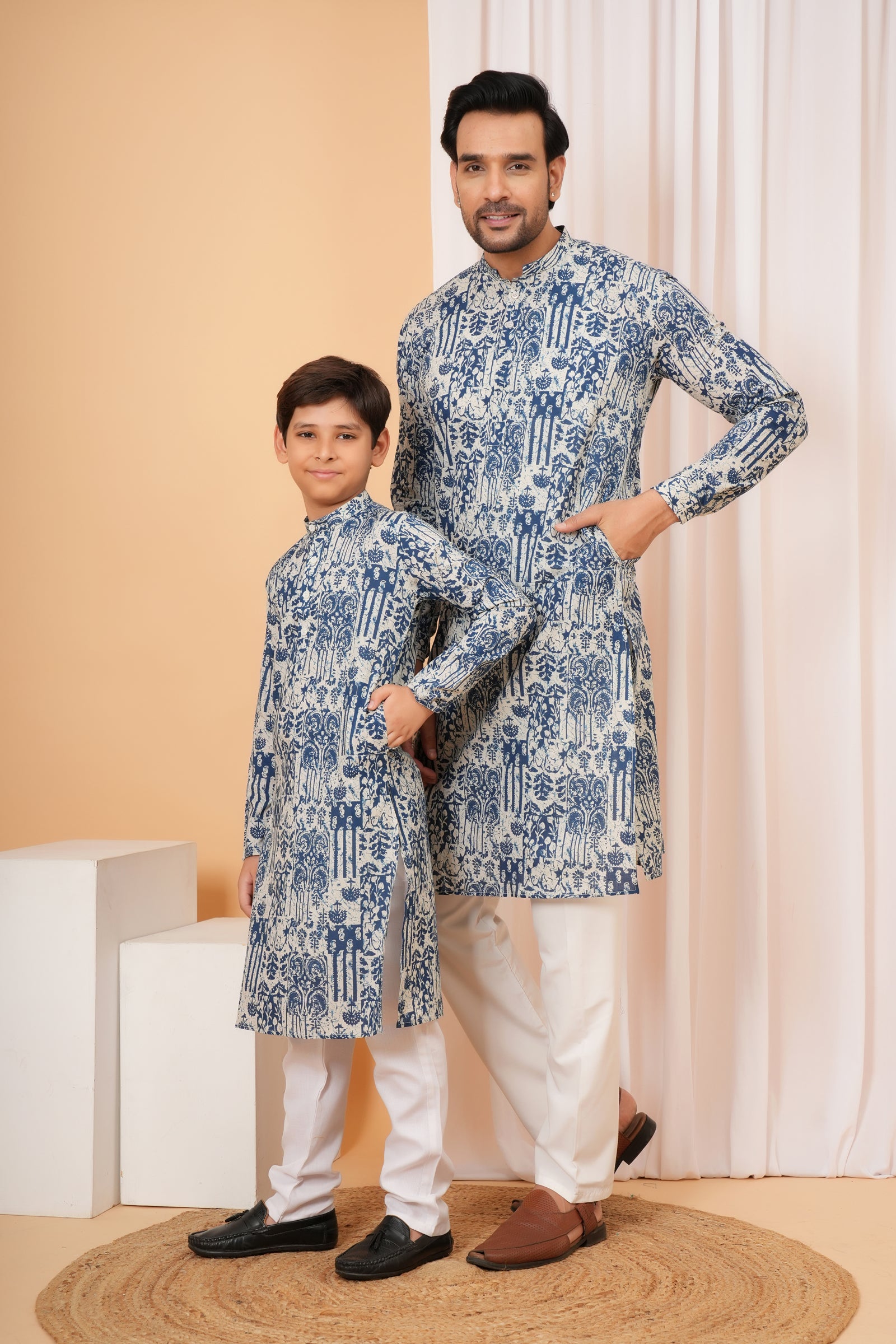 Traditional Heritage Design Vintage Printed Ethnic Kurta for Baap Beta Duo - Blue