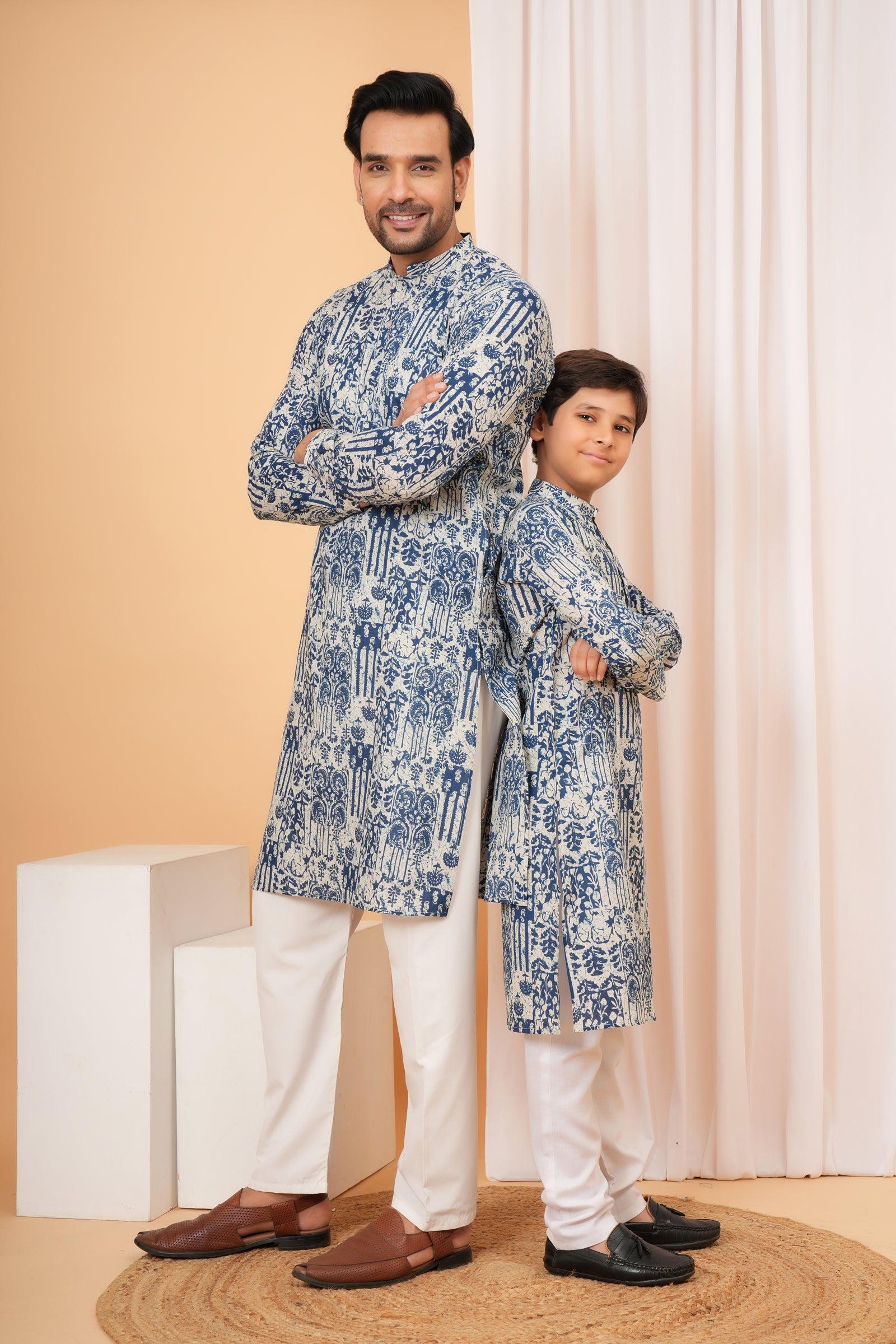 Traditional Heritage Design Vintage Printed Ethnic Kurta for Baap Beta Duo - Blue