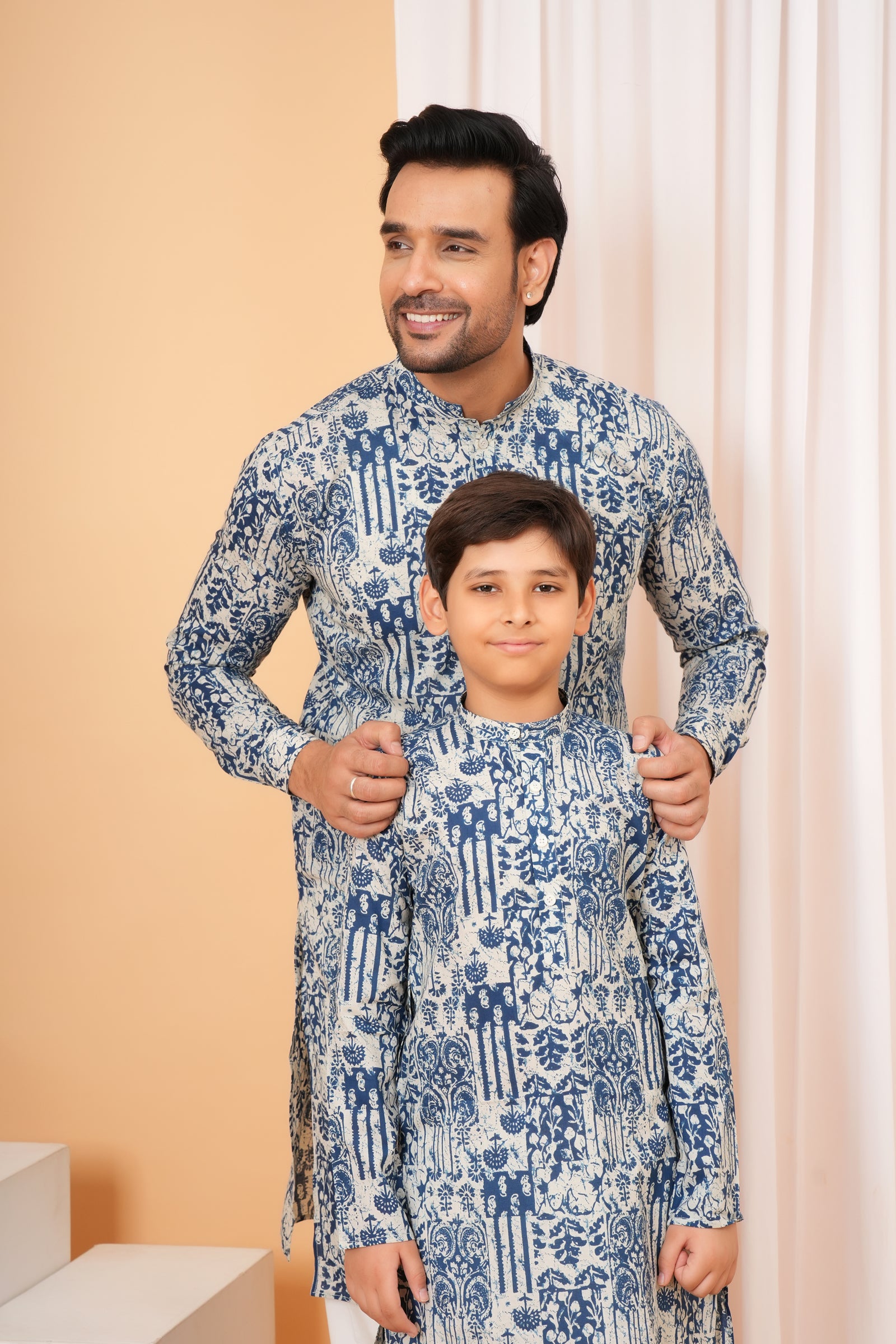Traditional Heritage Design Vintage Printed Ethnic Kurta for Baap Beta Duo - Blue