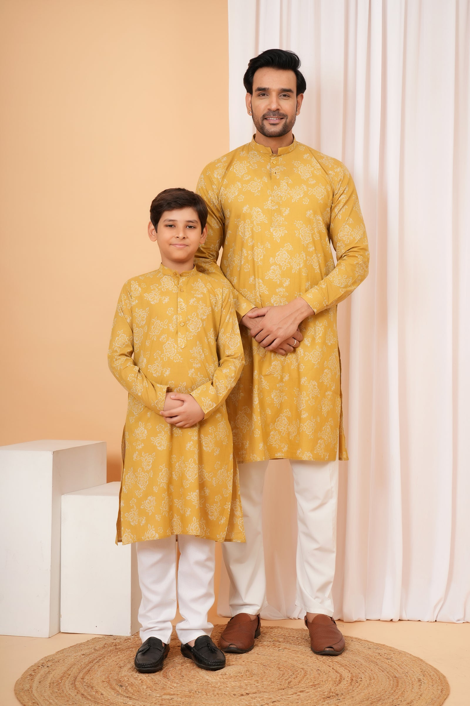 Traditional All Over Floral Printed Ethnic Cotton Kurta - Mustard Yellow