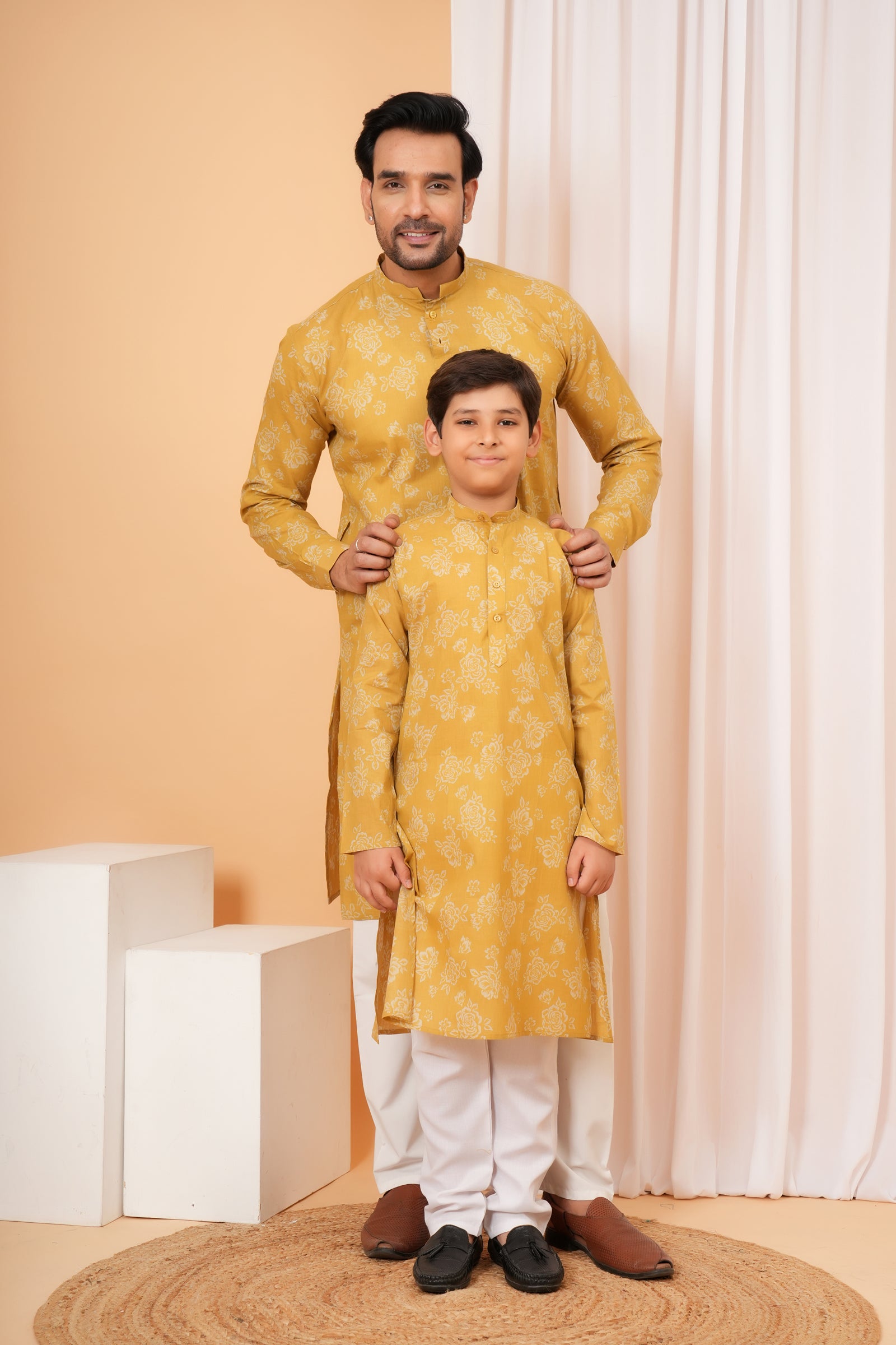 Traditional All Over Floral Printed Ethnic Cotton Kurta - Mustard Yellow
