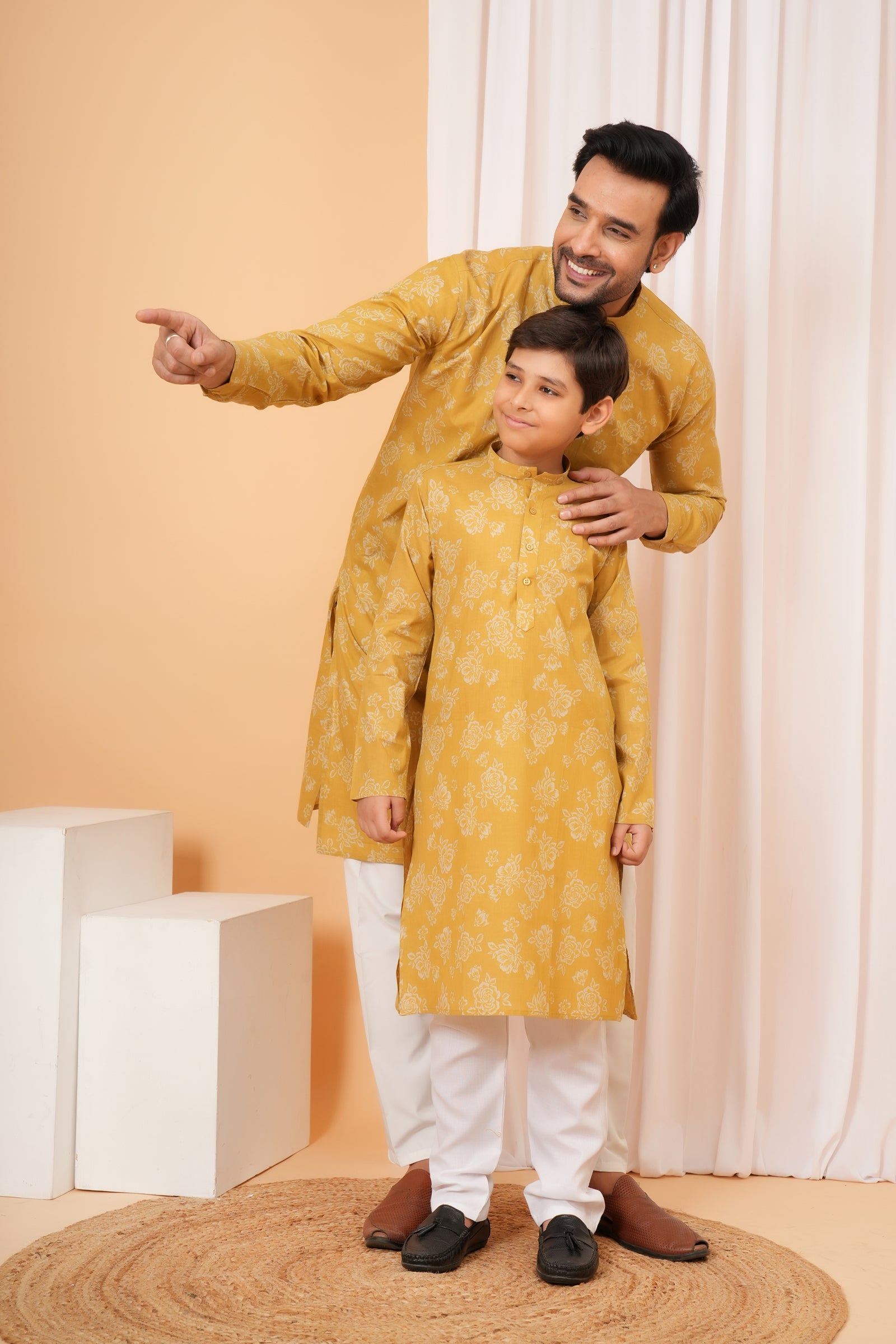 Traditional All Over Floral Printed Ethnic Cotton Kurta - Mustard Yellow