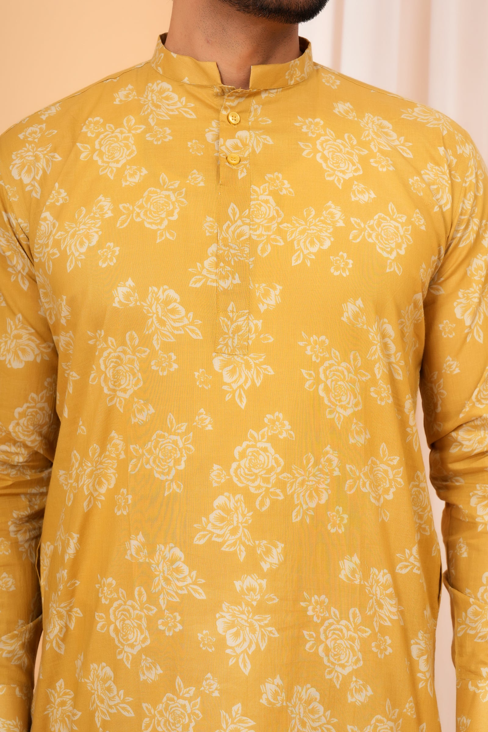 Traditional All Over Floral Printed Ethnic Cotton Kurta - Mustard Yellow
