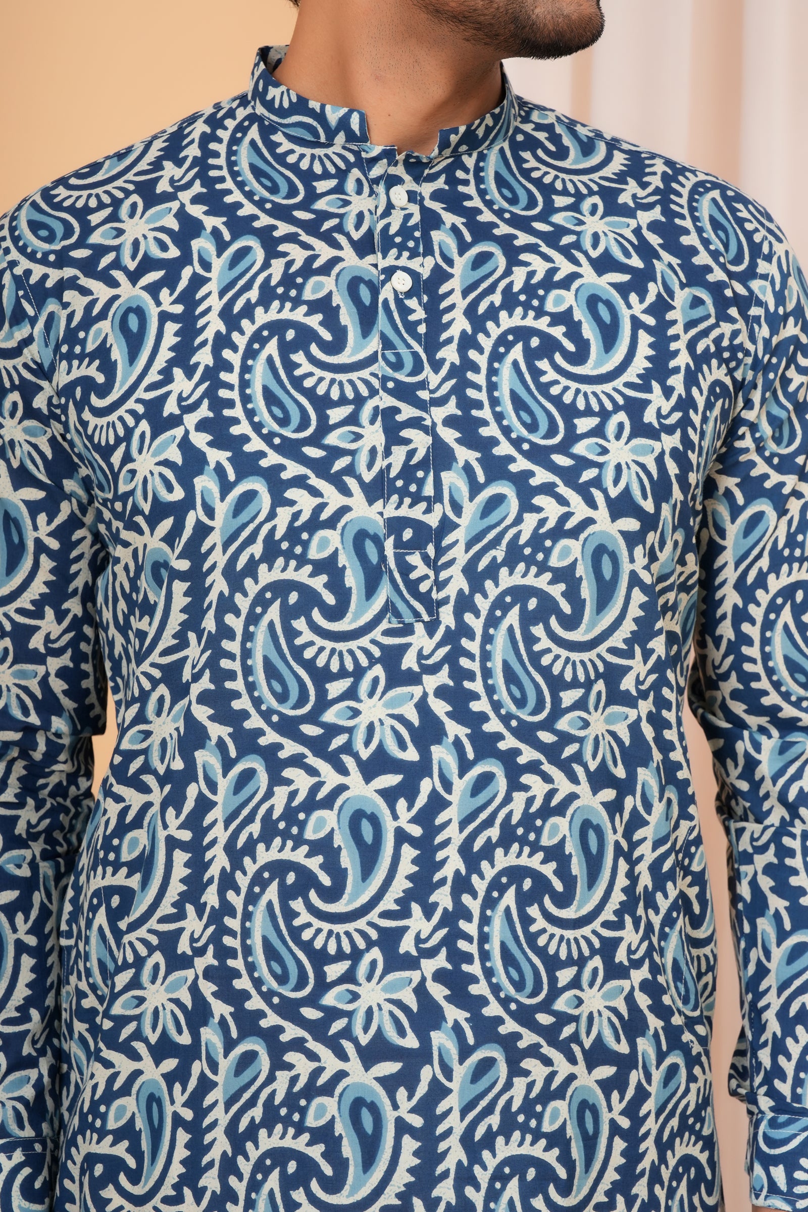 Traditional Paisley Print Ethnic Cotton Kurta for Baap Beta Duo - Royal Blue