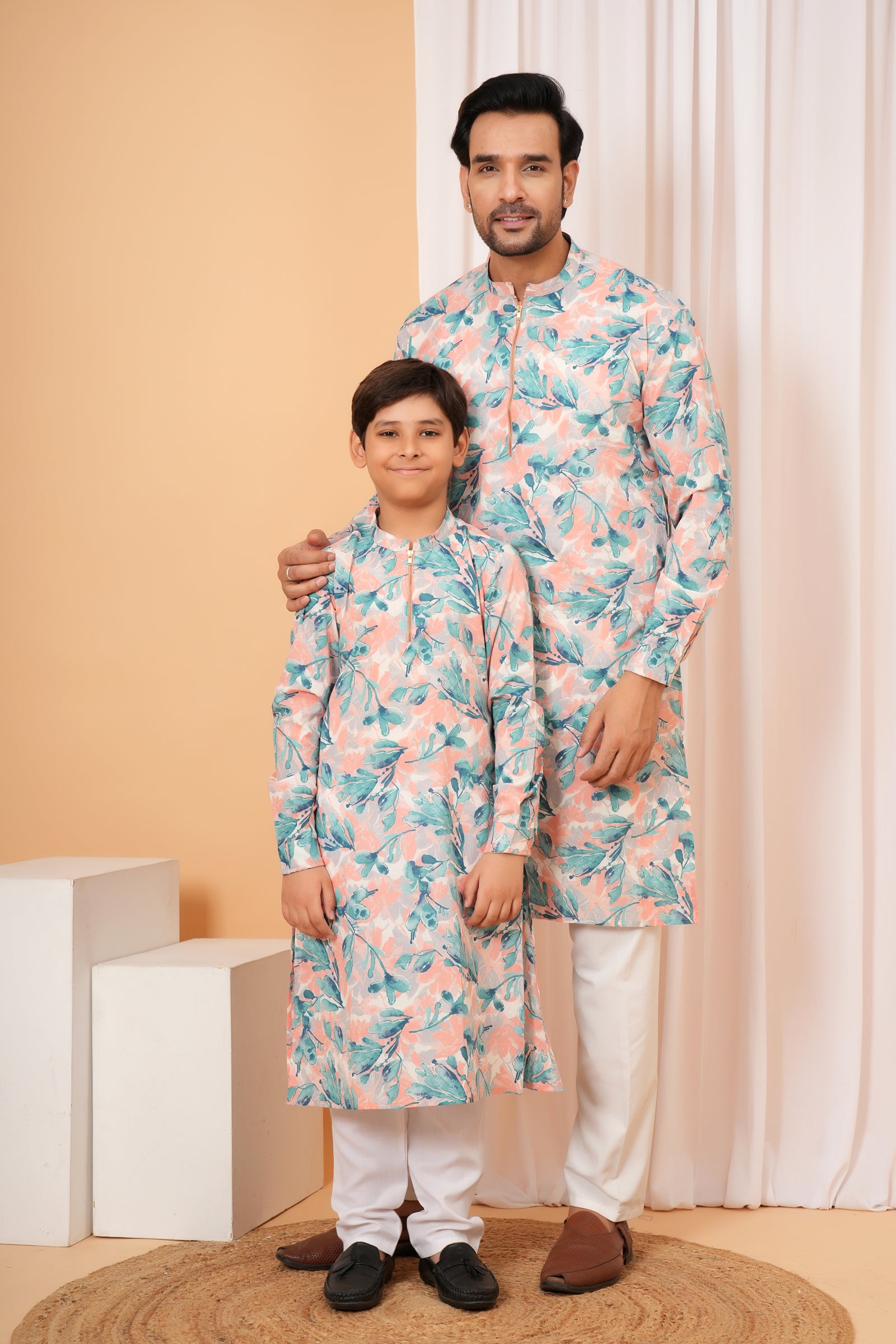 Peach and Blue Floral Printed Baap Beta Duo Kurta