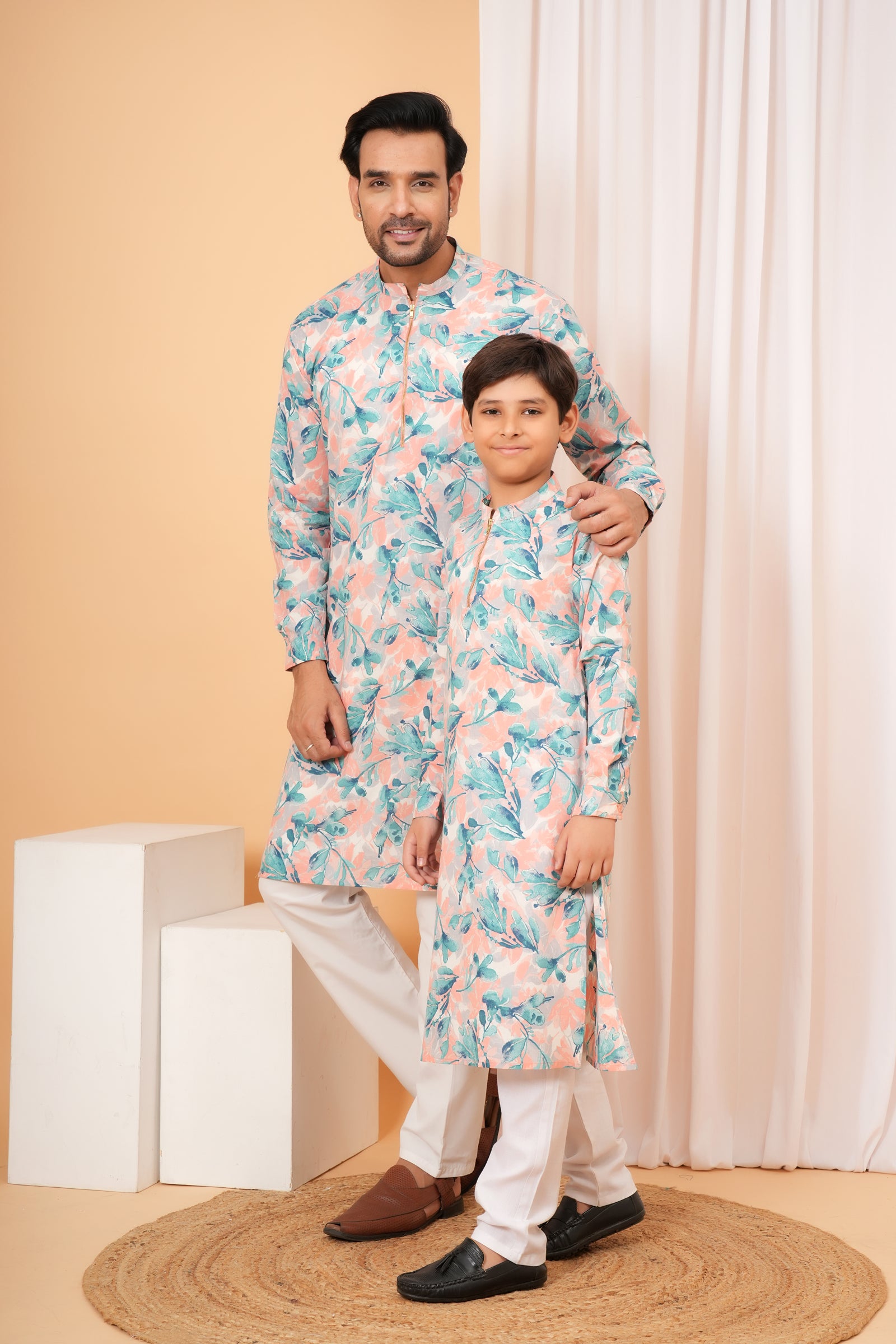 Peach and Blue Floral Printed Baap Beta Duo Kurta