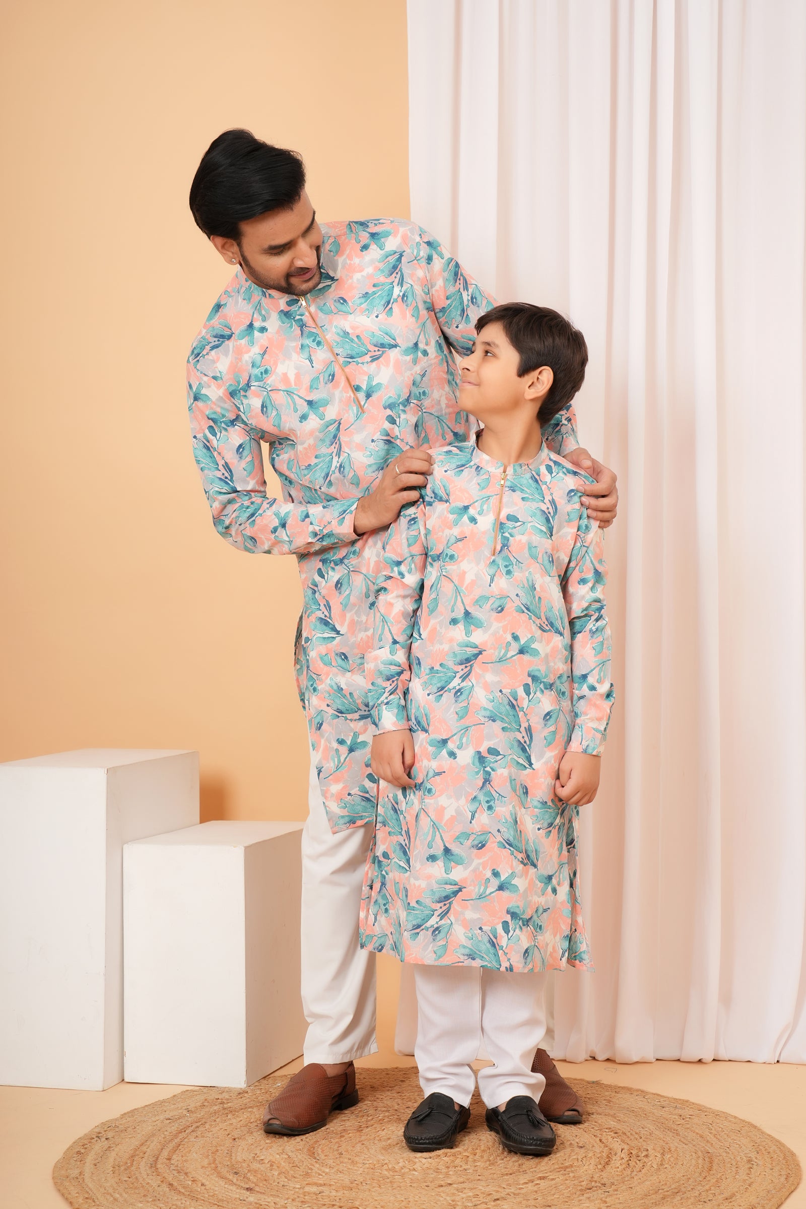 Peach and Blue Floral Printed Baap Beta Duo Kurta