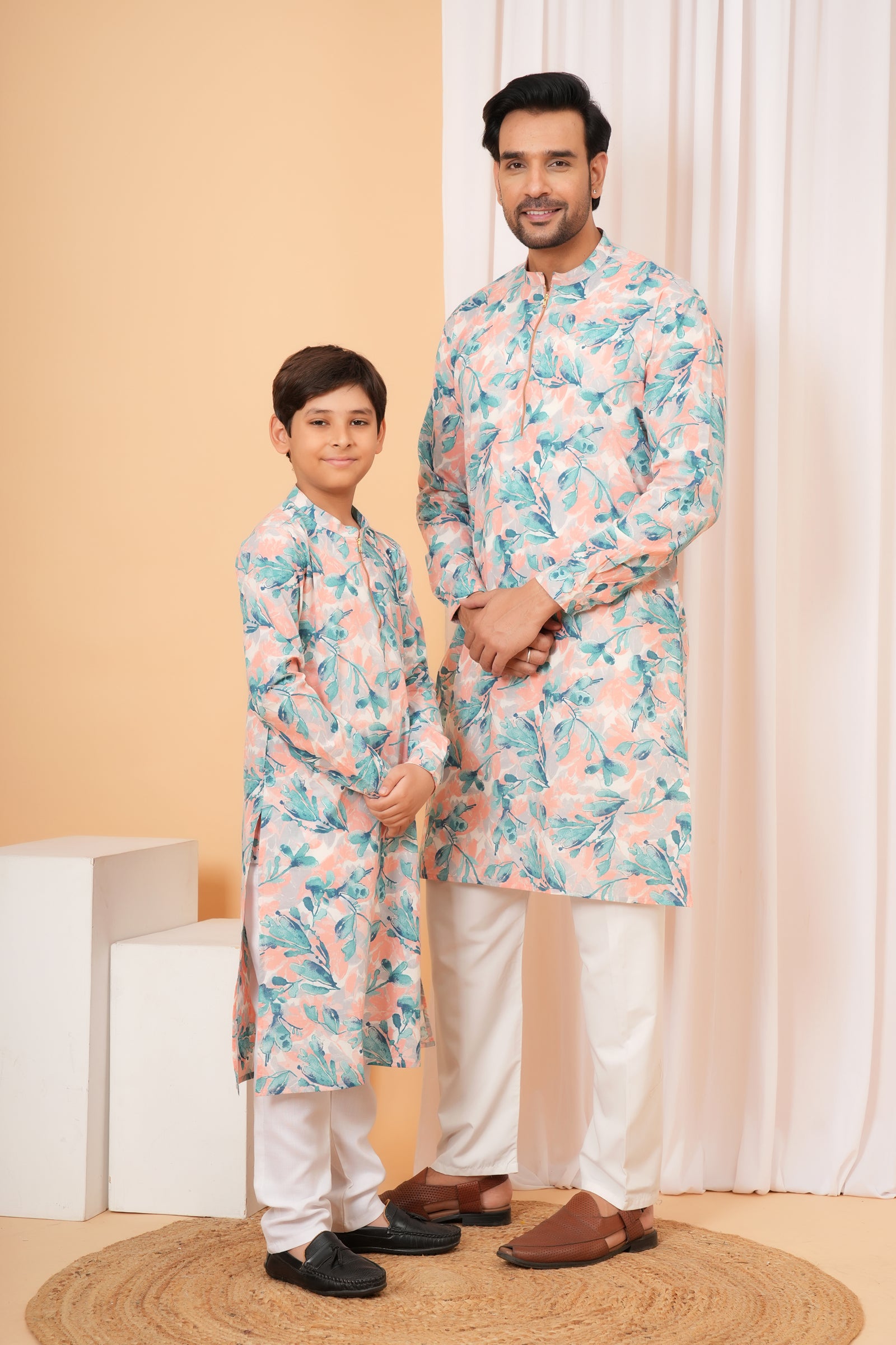 Peach and Blue Floral Printed Baap Beta Duo Kurta