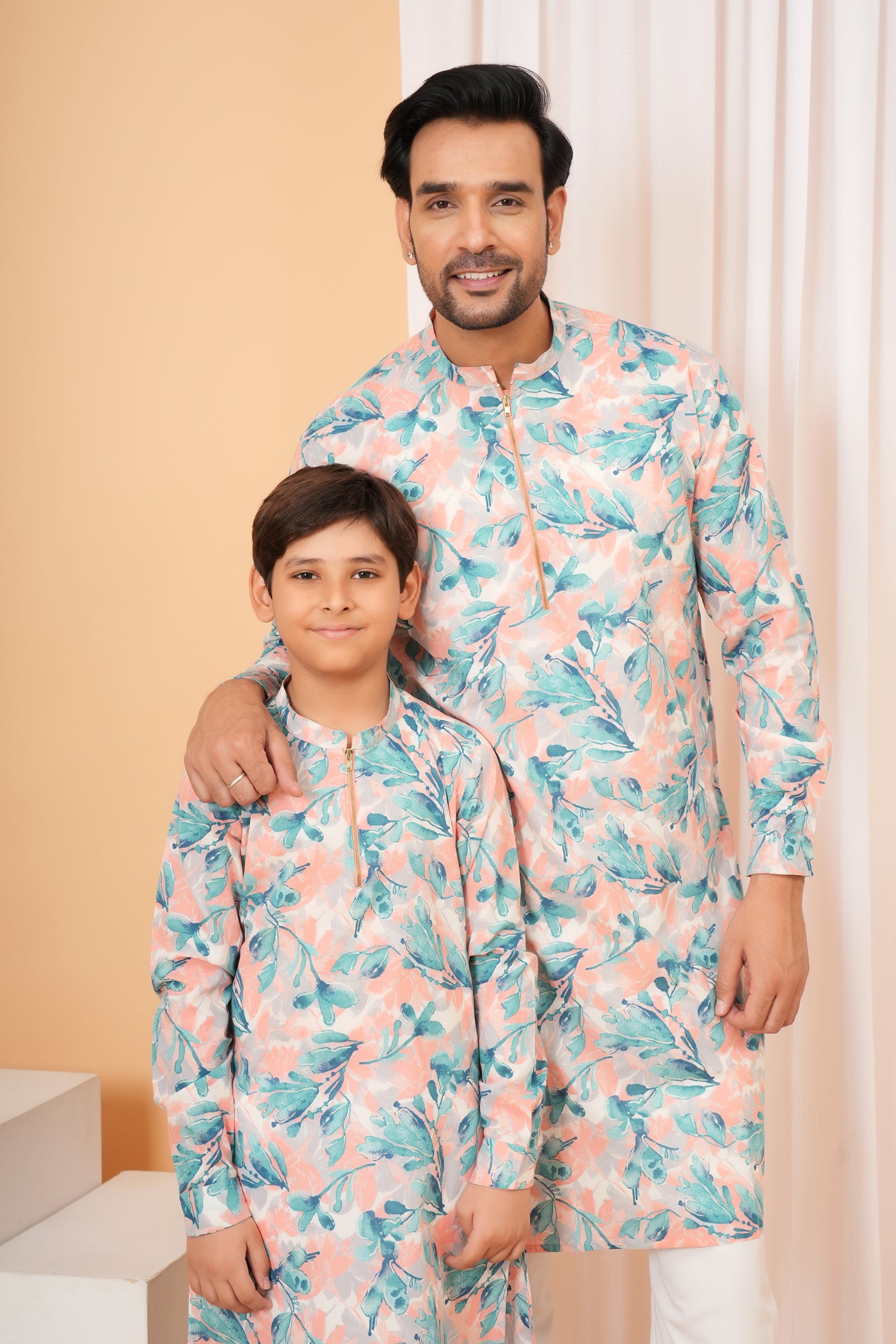 Peach and Blue Floral Printed Baap Beta Duo Kurta