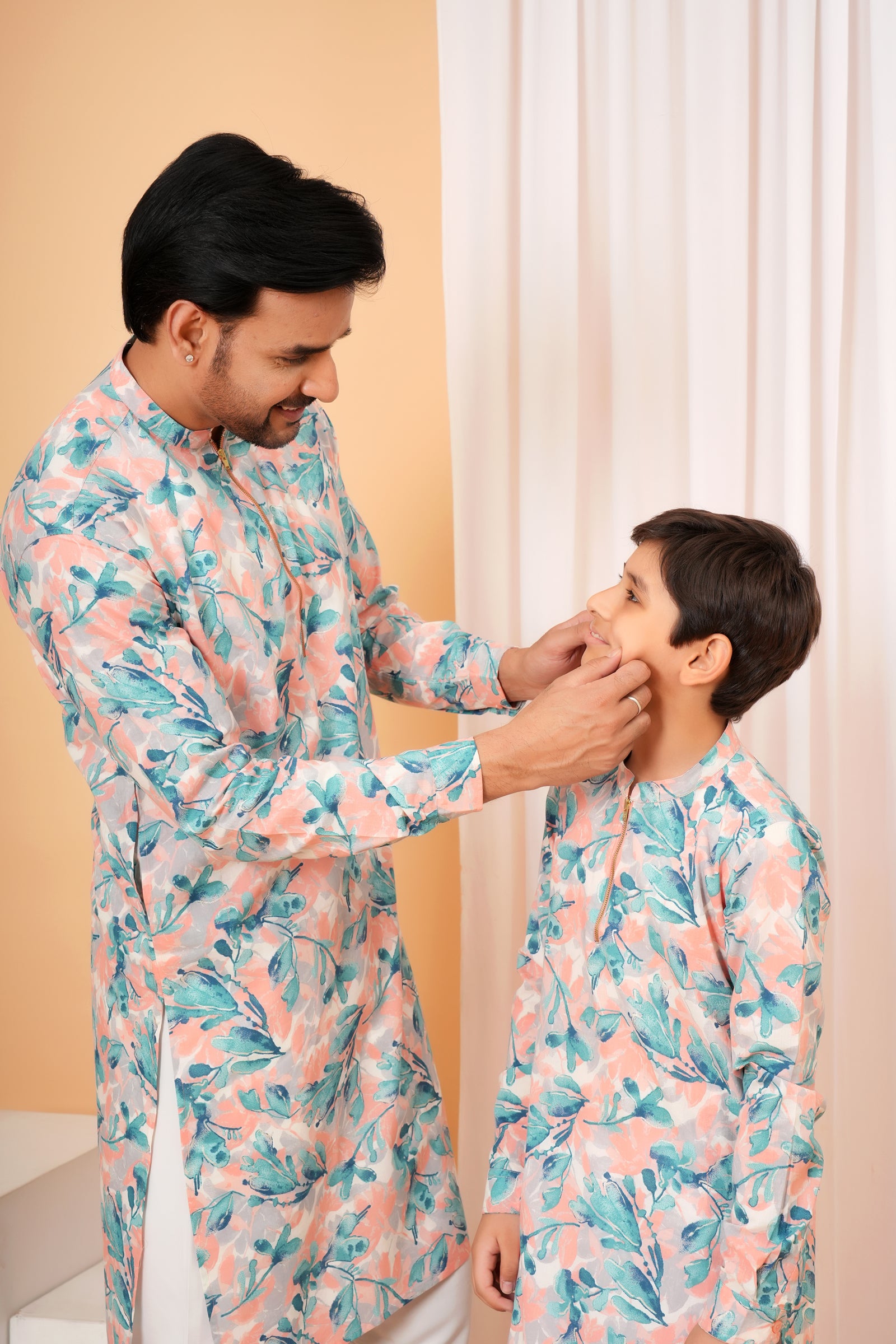 Peach and Blue Floral Printed Baap Beta Duo Kurta