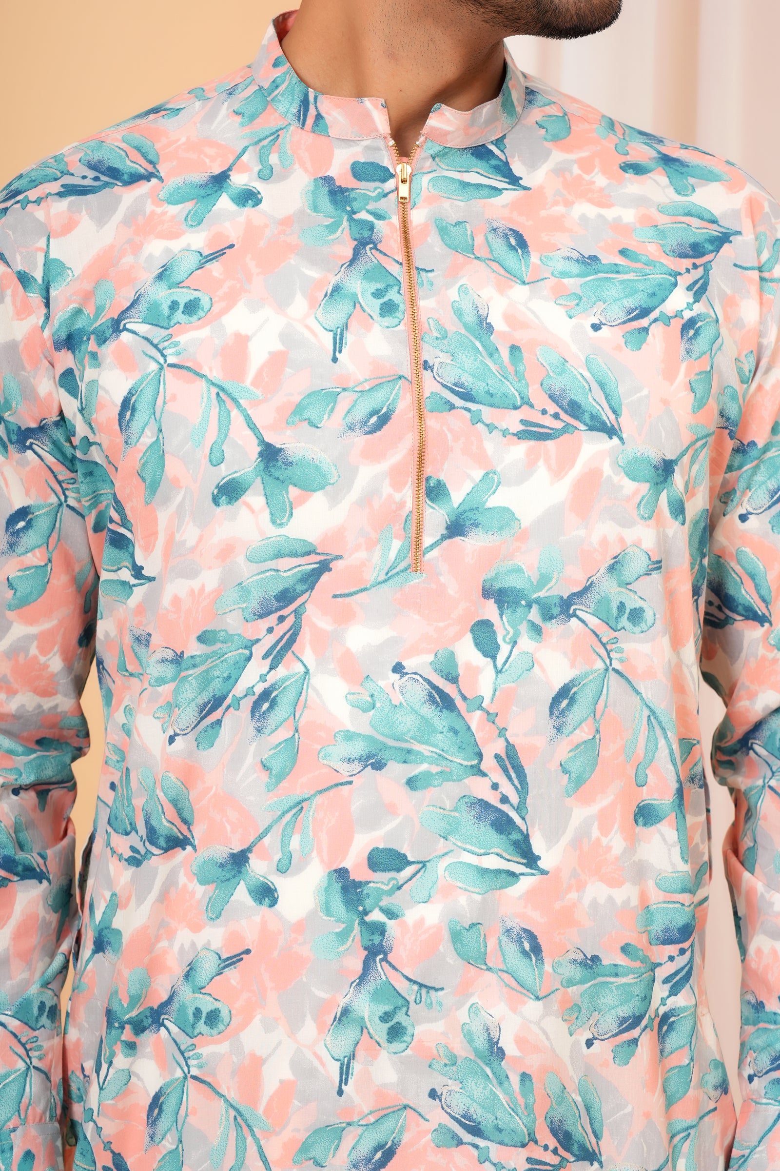 Peach and Blue Floral Printed Baap Beta Duo Kurta
