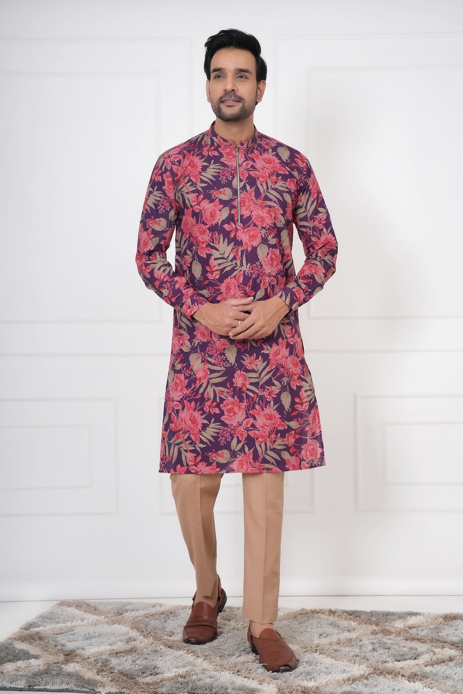 Men's Traditional Printed Red Kurta
