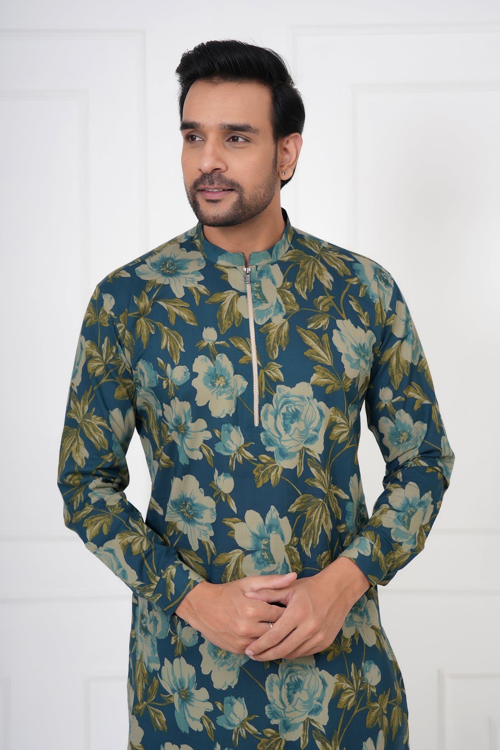 Blue Floral Mandarin Collar Men's Kurti