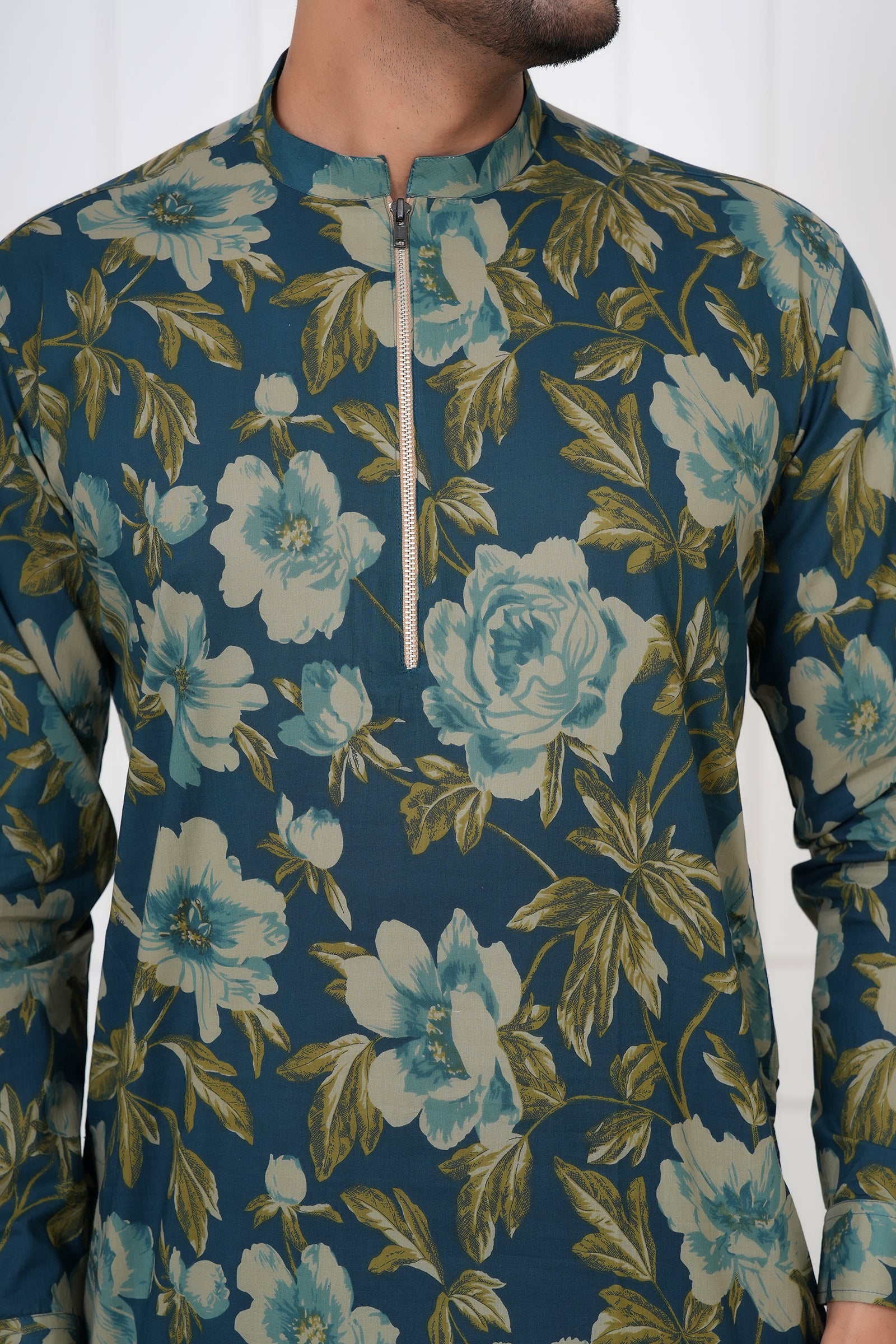Blue Floral Mandarin Collar Men's Kurti