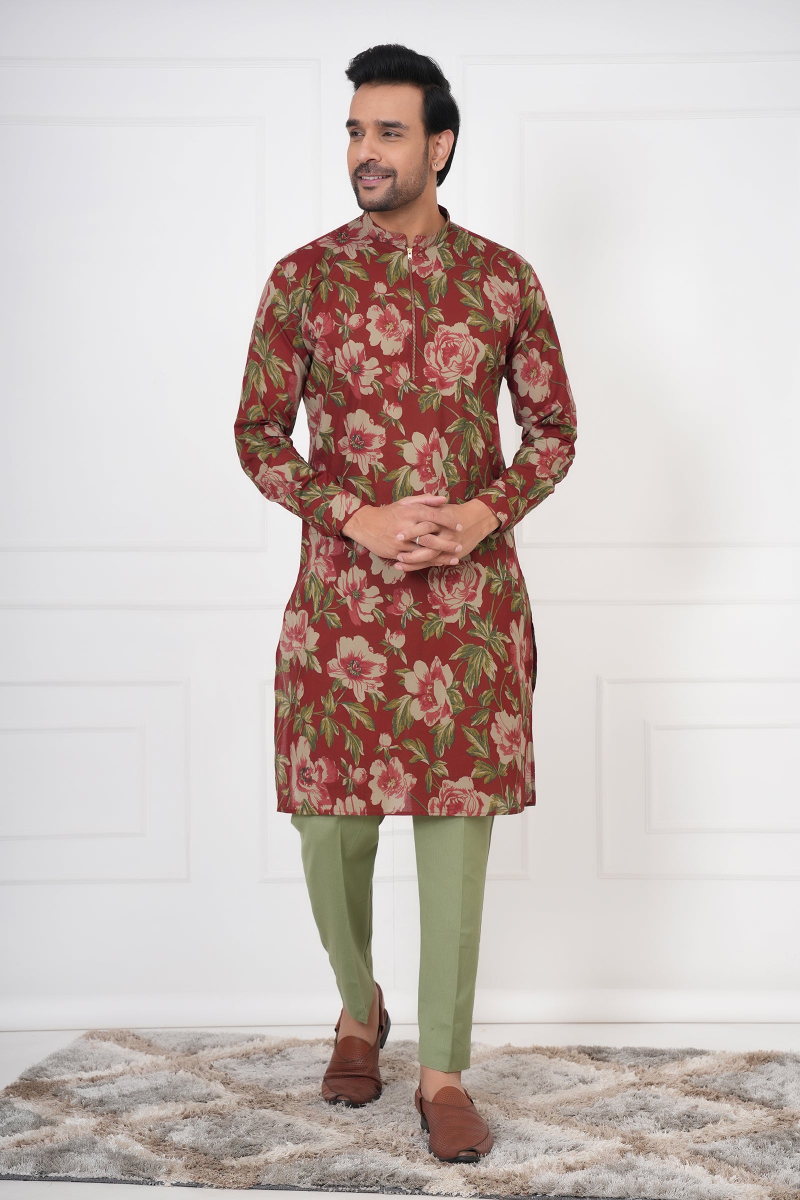 Traditional Ethnic Men Red Floral Kurta
