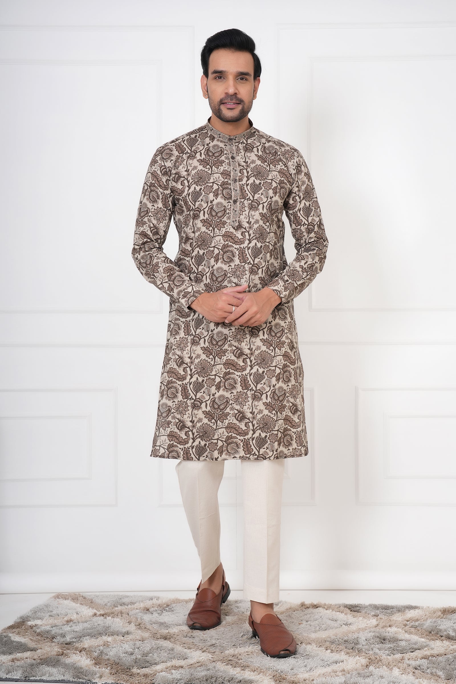 Fawn Georgette Embroidered Men's Kurta