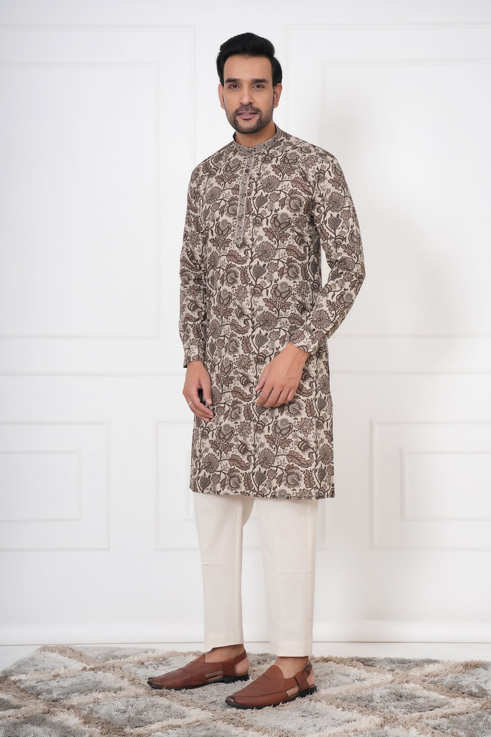 Fawn Georgette Embroidered Men's Kurta