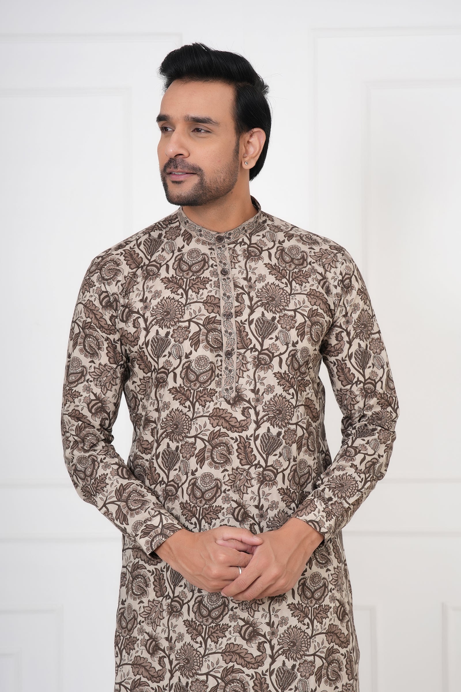 Fawn Georgette Embroidered Men's Kurta