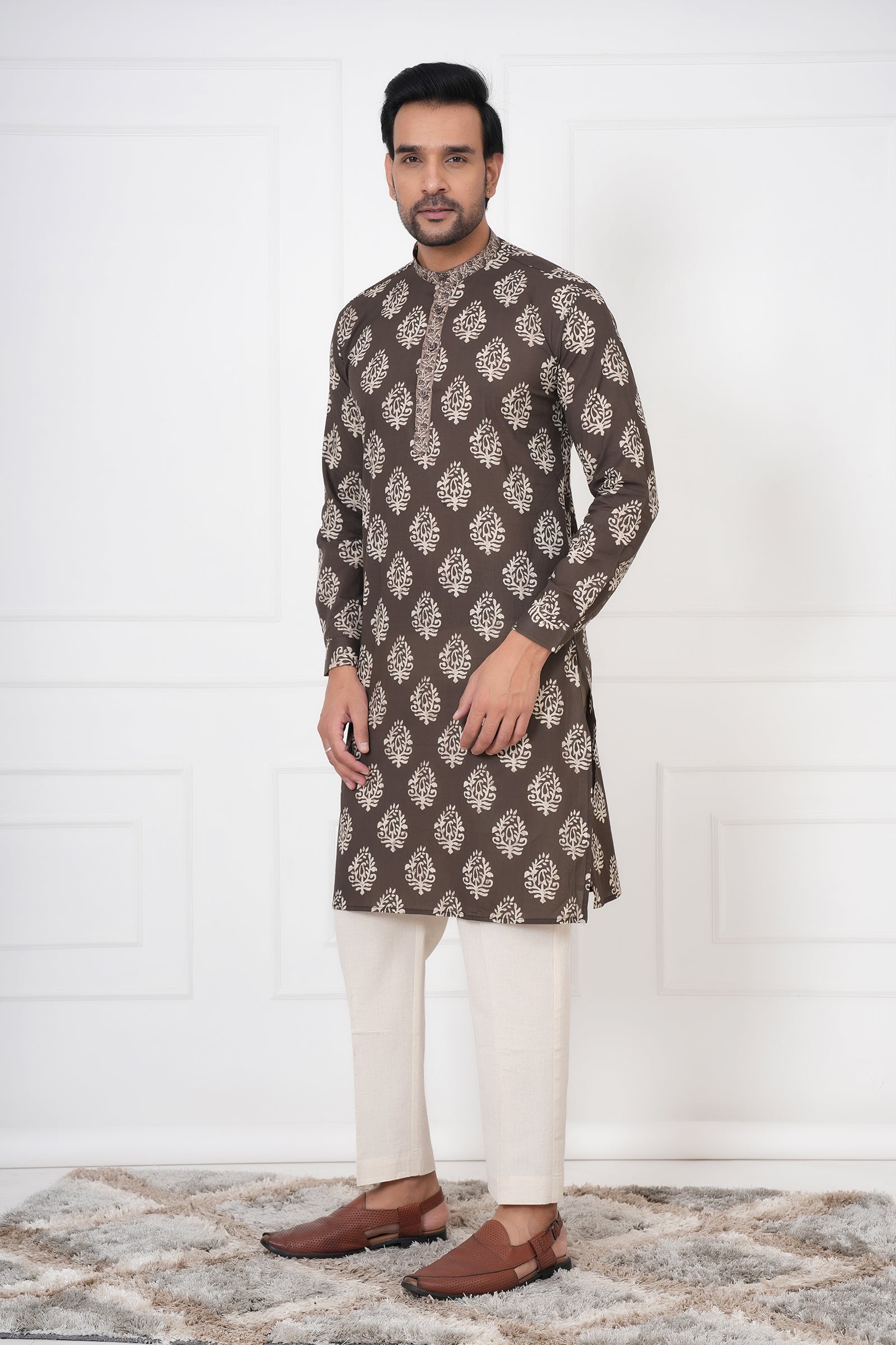 Brown Traditional Hand Block Print Straight Kurta