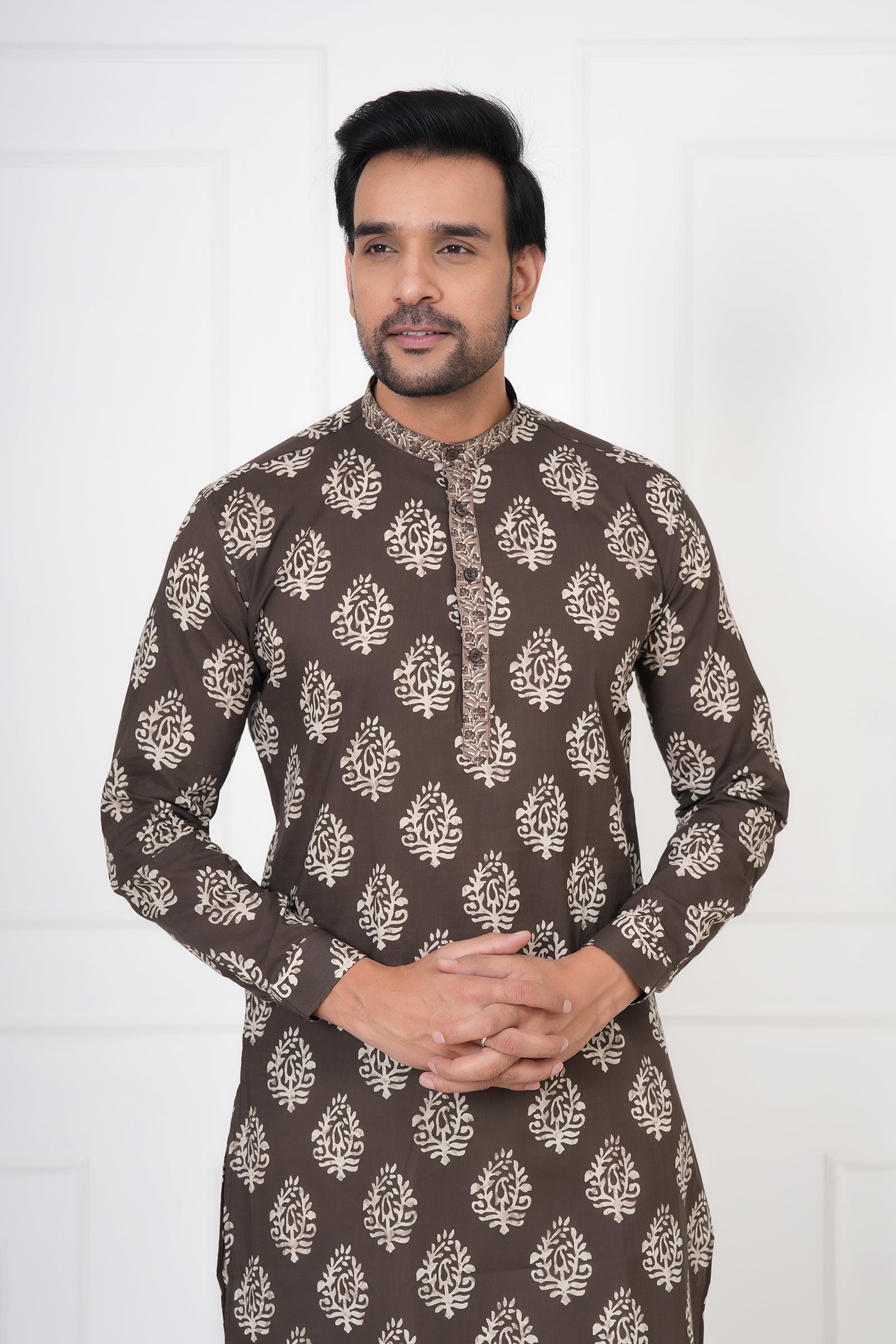 Brown Traditional Hand Block Print Straight Kurta