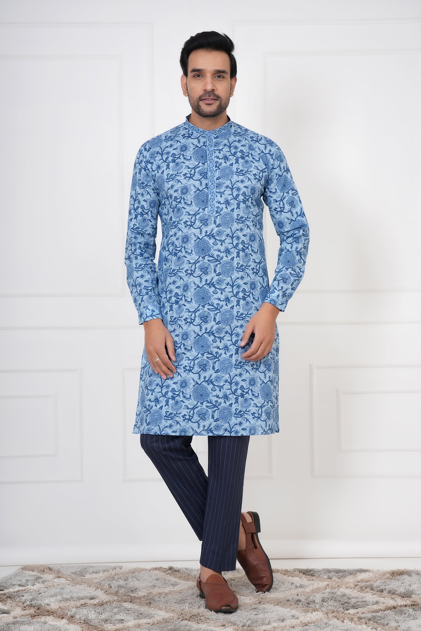 Blue Planted Floral Men's Kurta