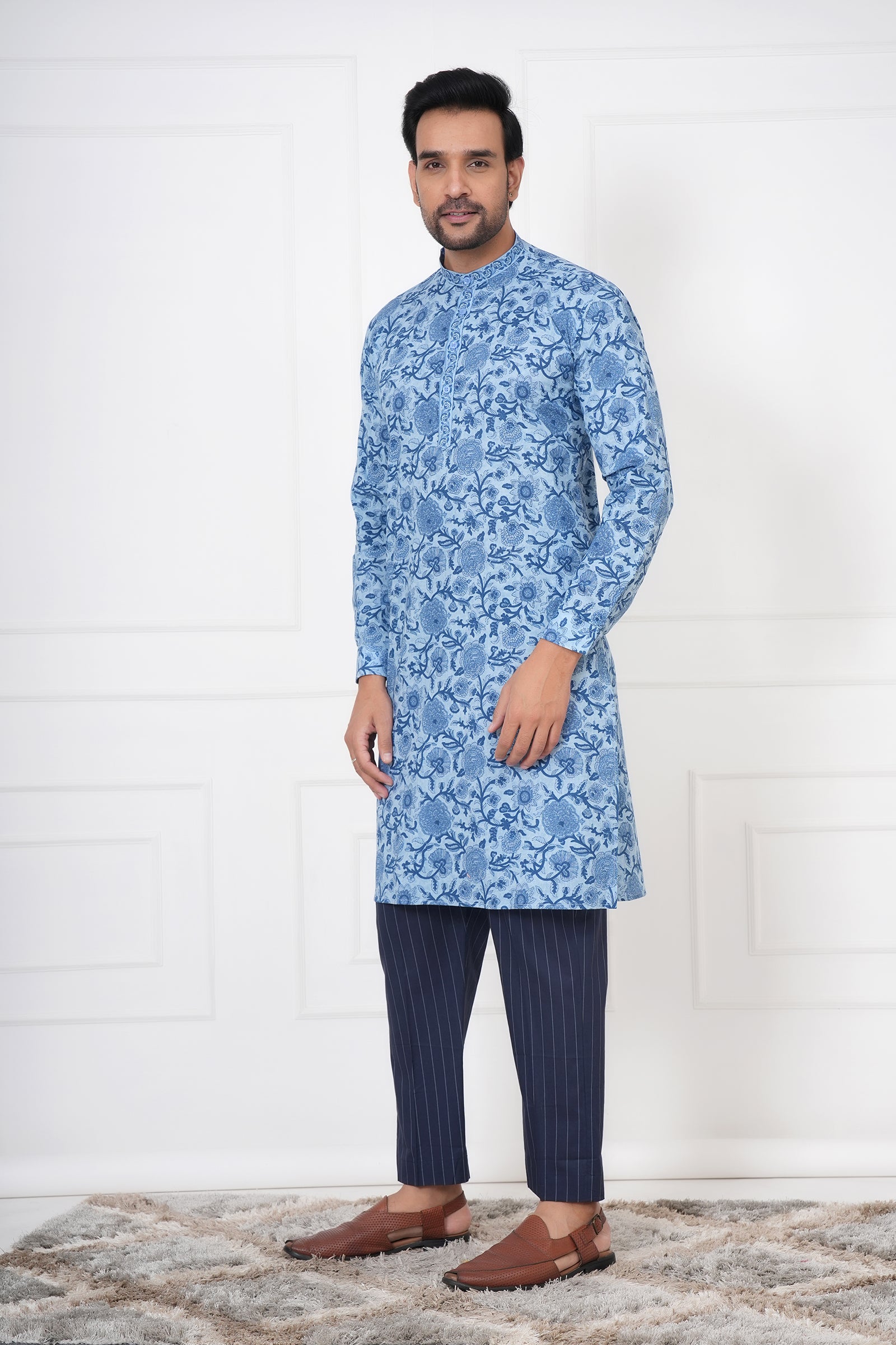 Blue Planted Floral Men's Kurta