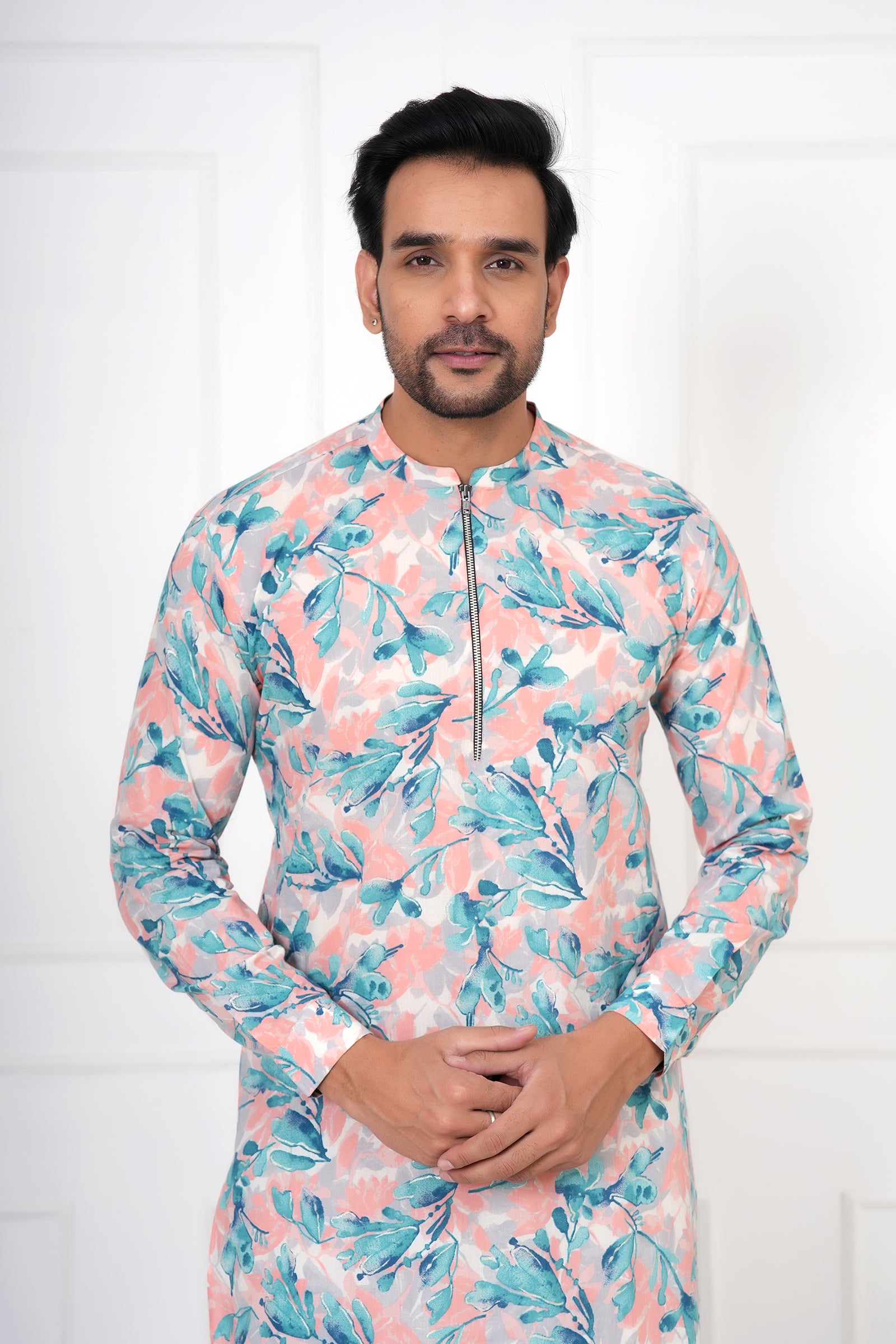 Men's Ethnic Floral Kurta With Zipper Neck