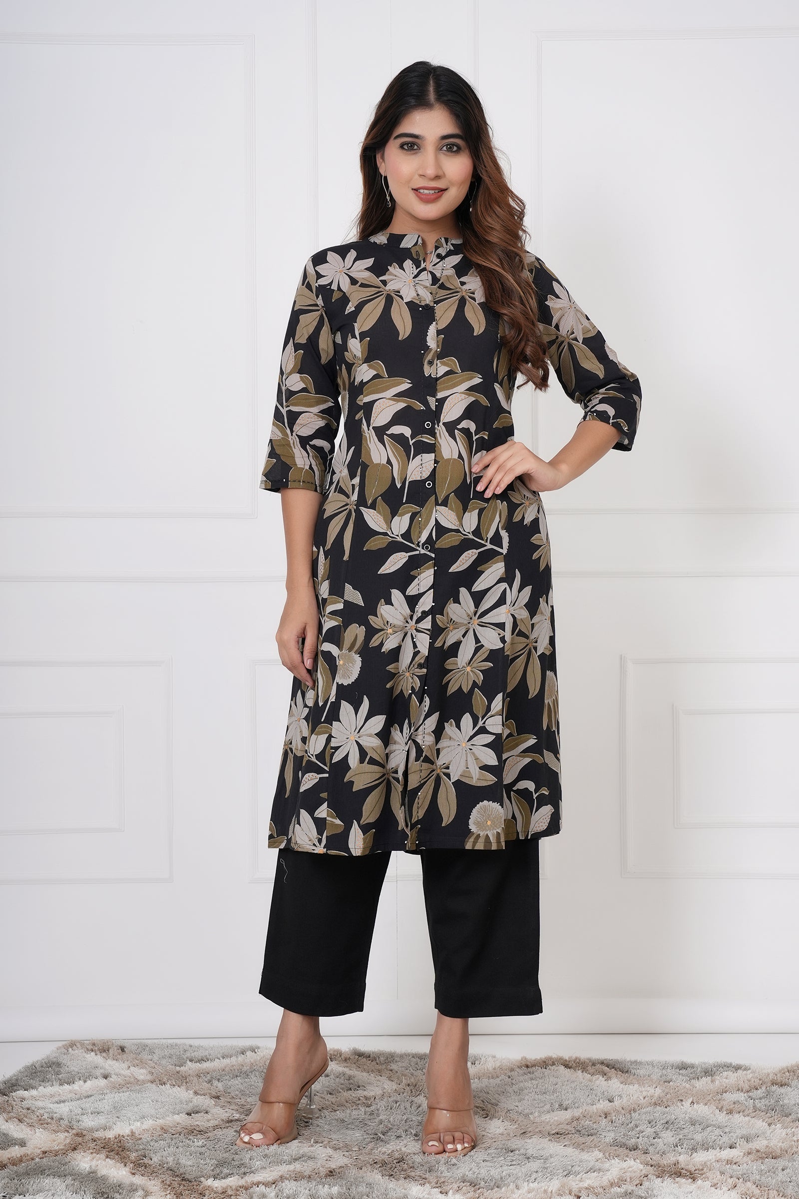 Black Floral Printed Women Cotton Kurti