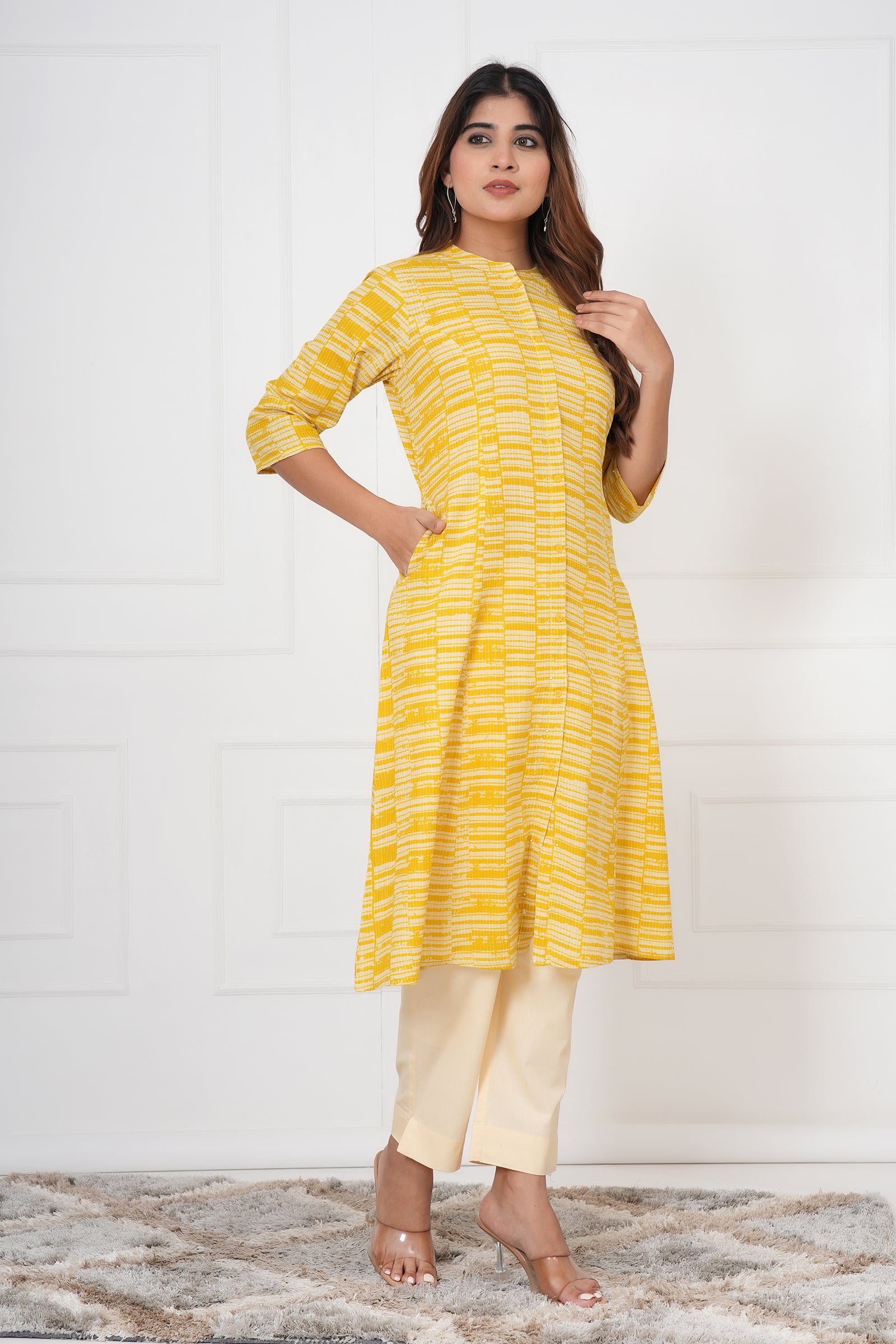 Yellow And White Checkered Ladies Kurti