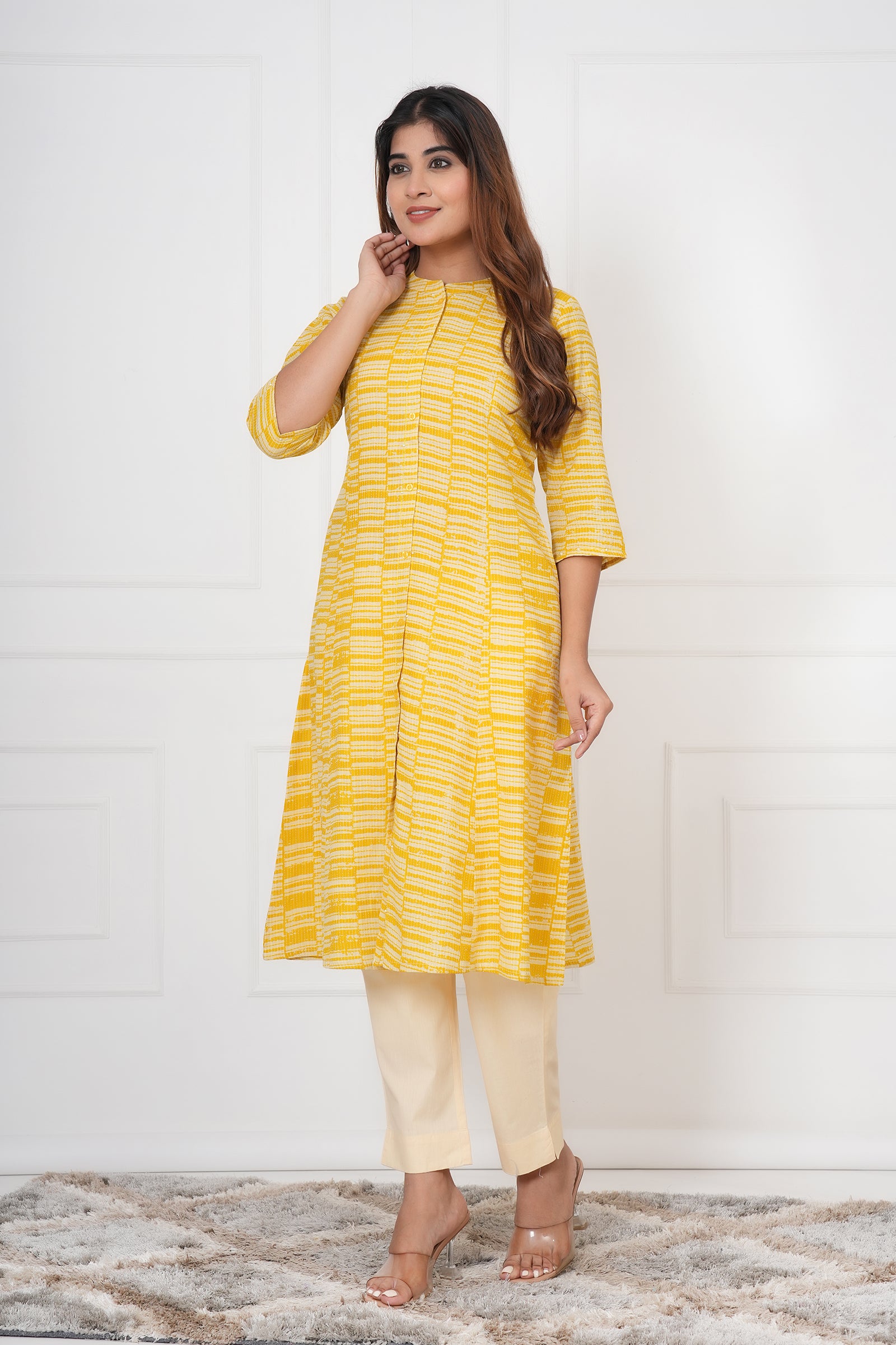 Yellow And White Checkered Ladies Kurti