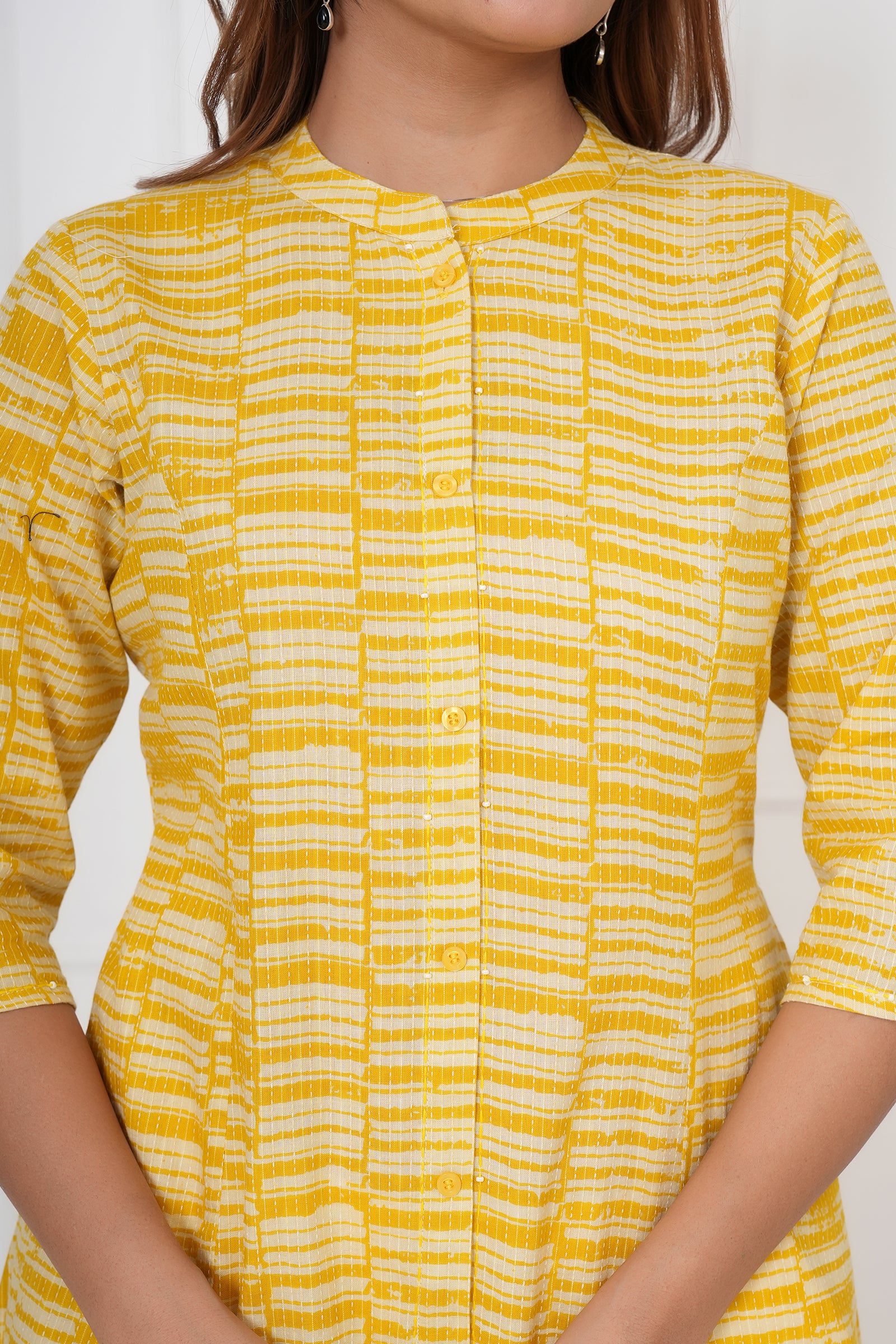 Yellow And White Checkered Ladies Kurti