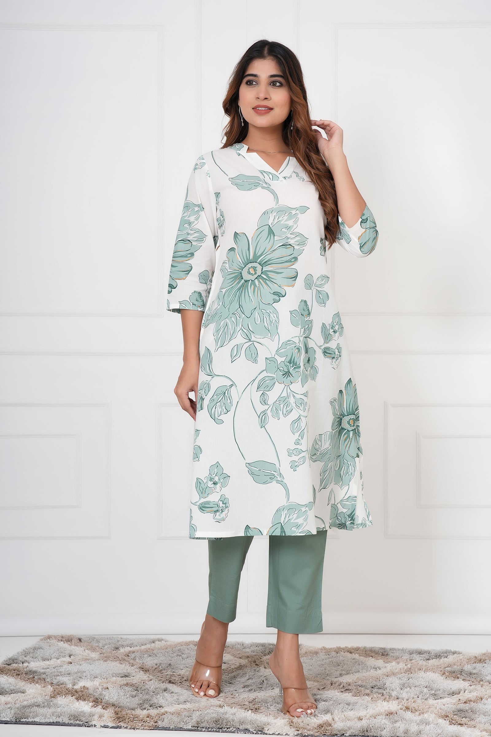 White Kurta With Large Green Toned Flowers