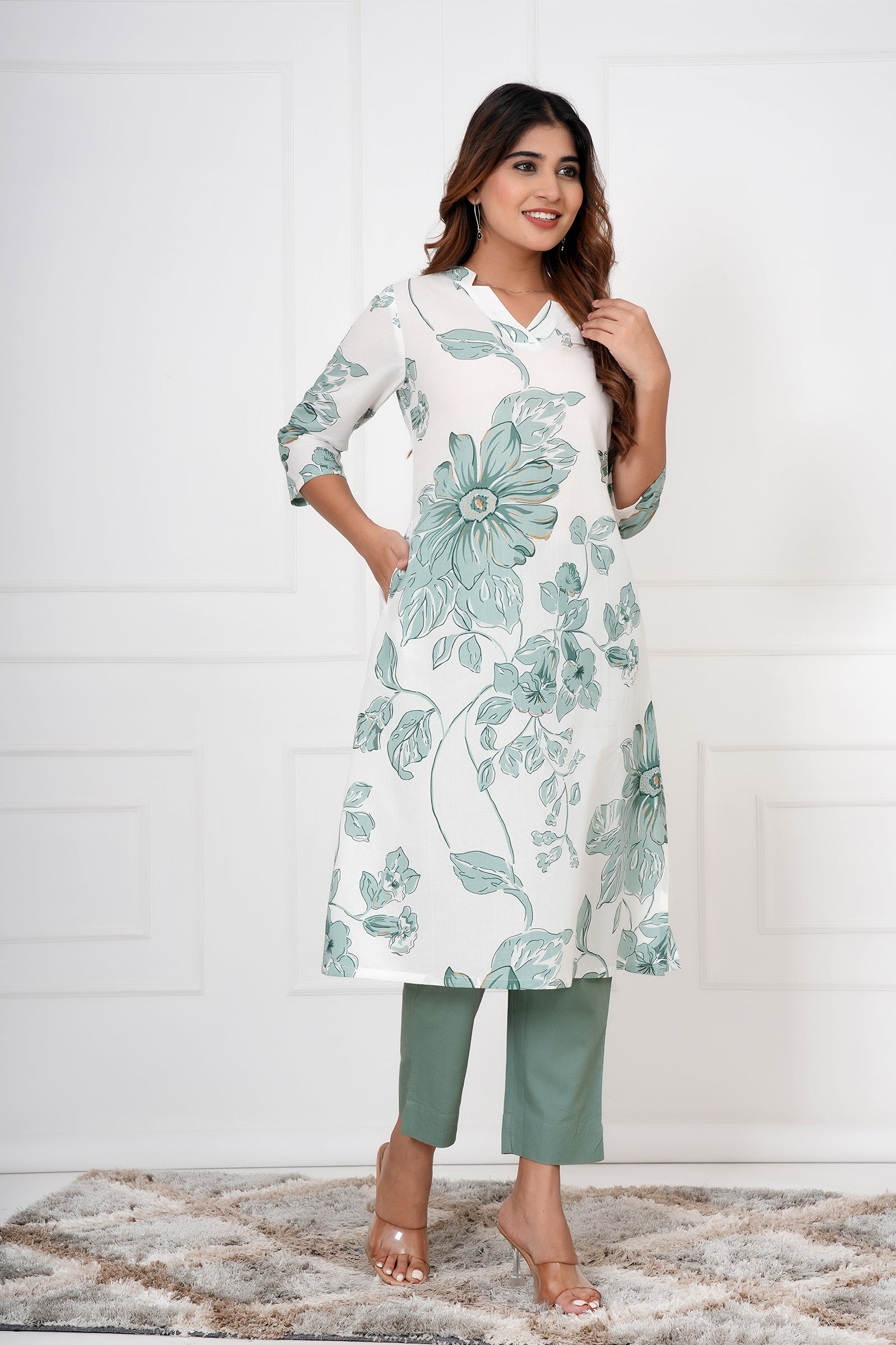 White Kurta With Large Green Toned Flowers
