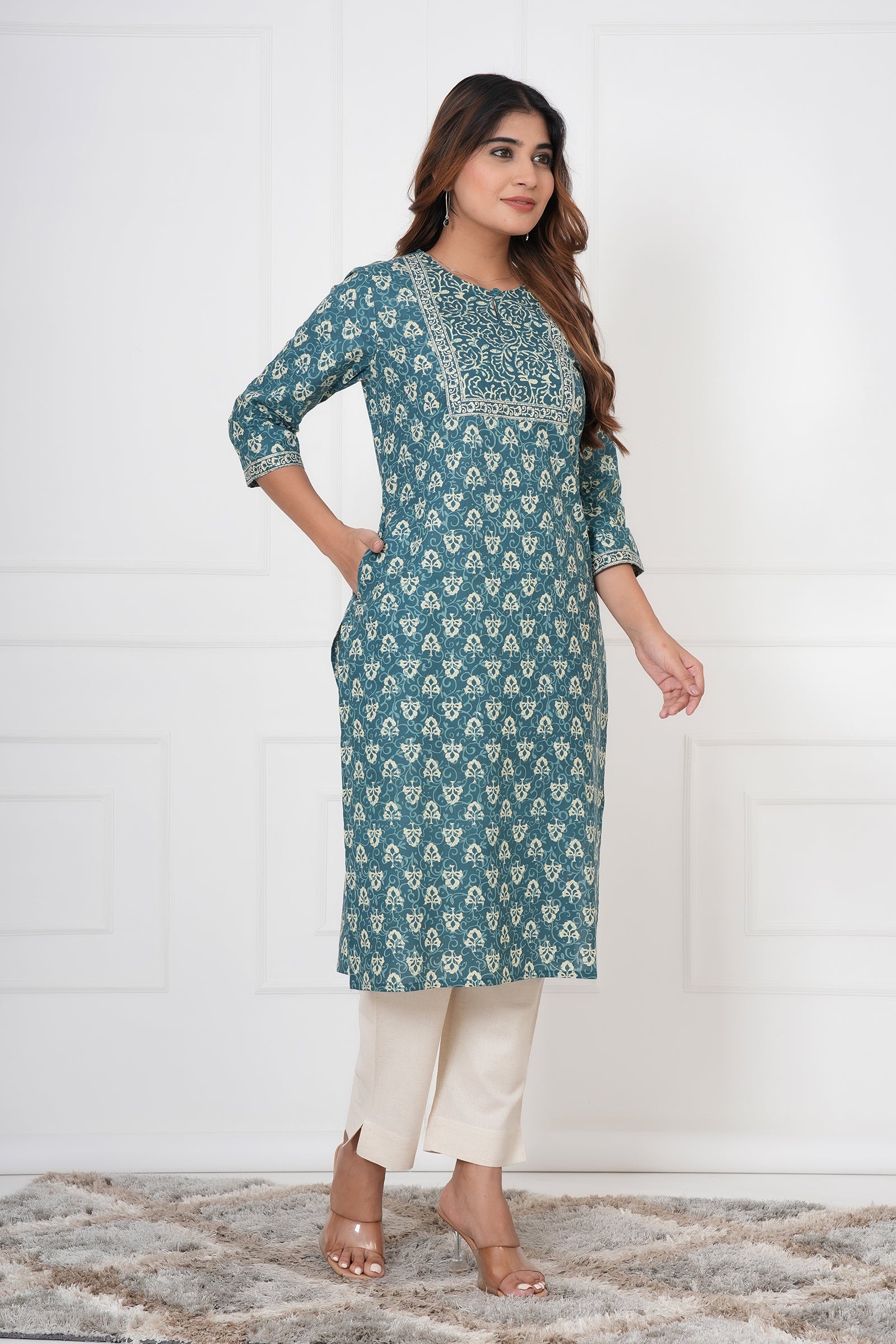 Traditional Bagru Hand Block Printed Kurti (Seaweed, Floral)